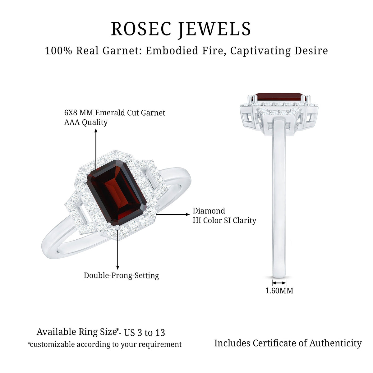 Real 2 Carat Garnet Emerald Cut Engagement Ring with Diamond Halo