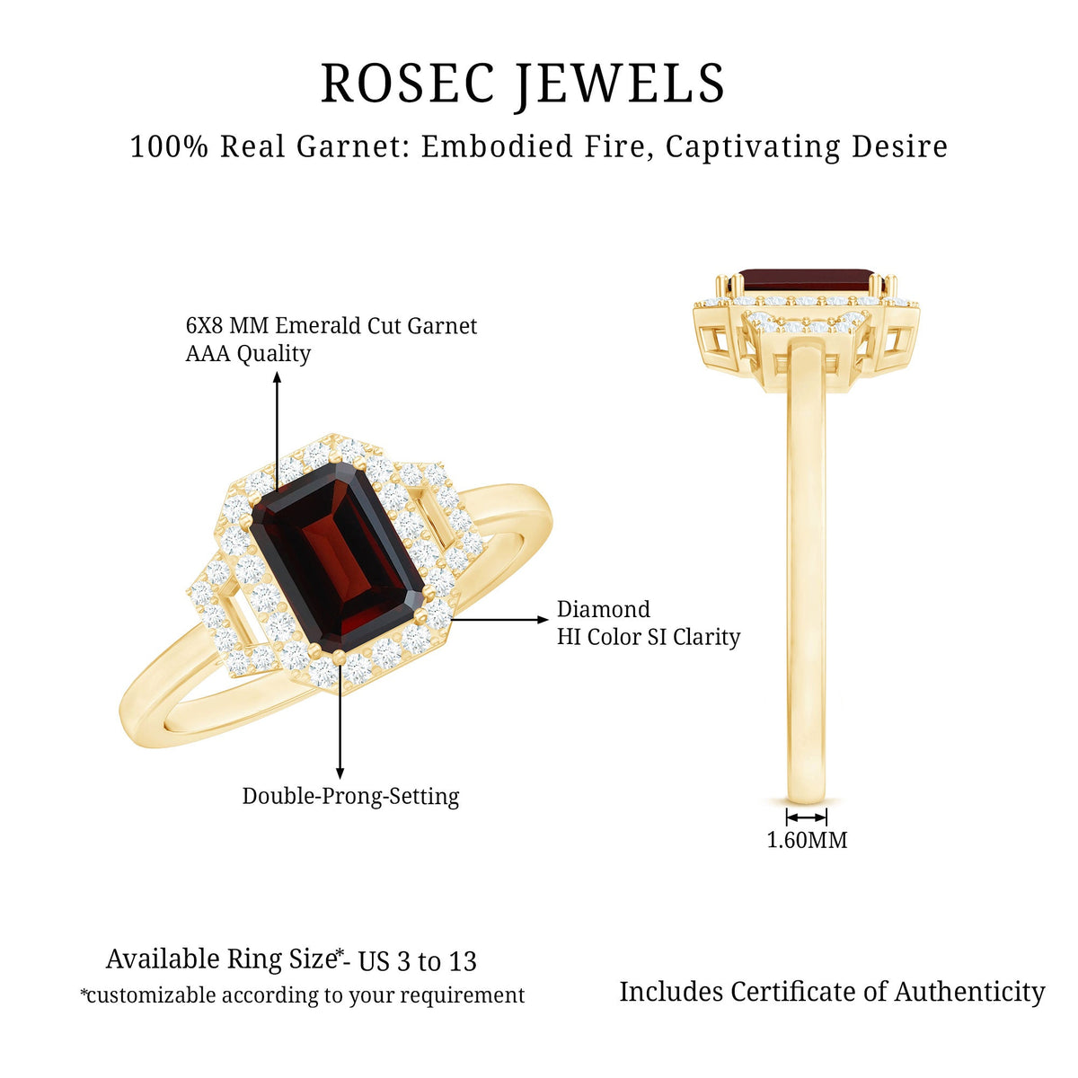 Real 2 Carat Garnet Emerald Cut Engagement Ring with Diamond Halo
