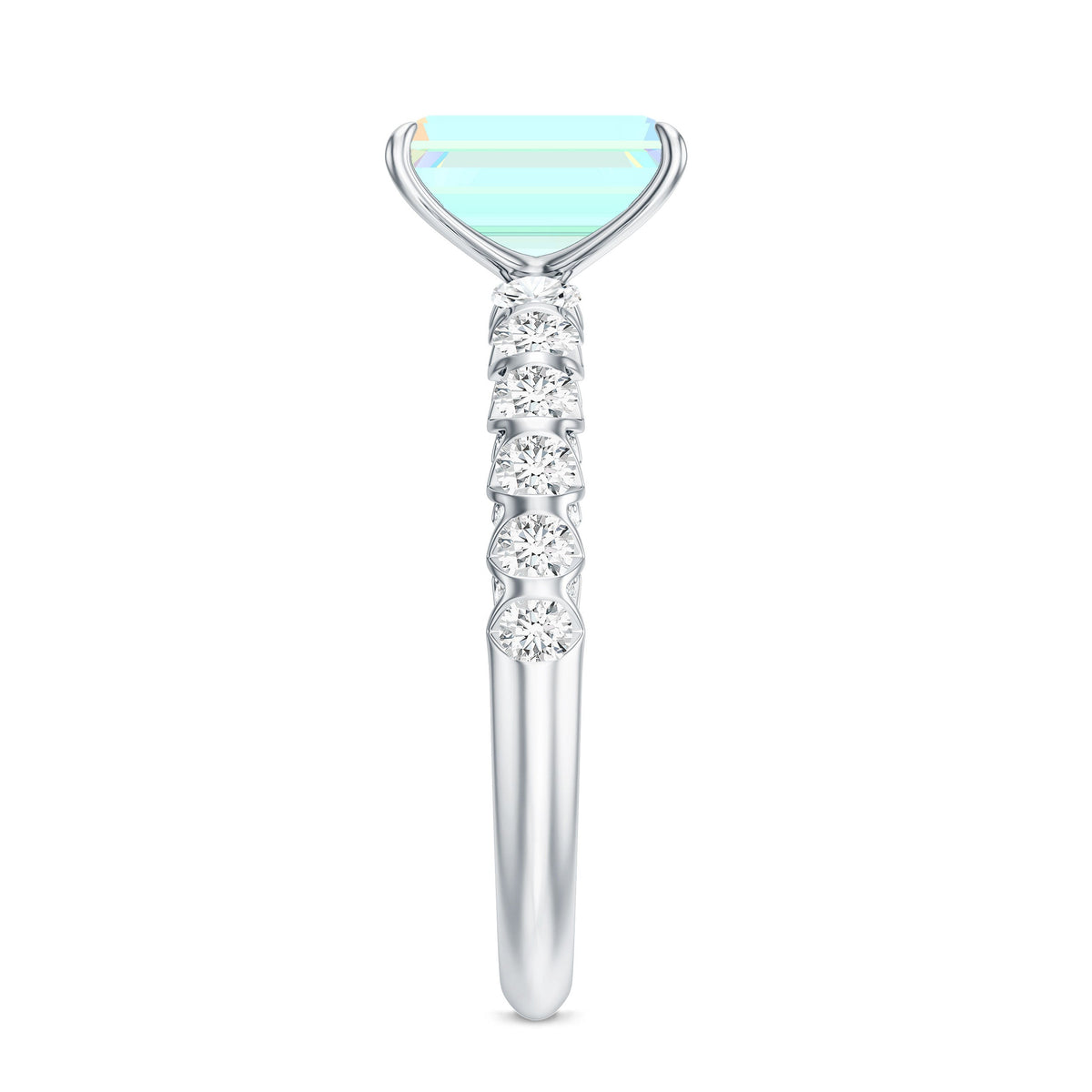 Genuine Ethiopian Opal Emerald Cut Engagement Ring with Diamond Side Stones