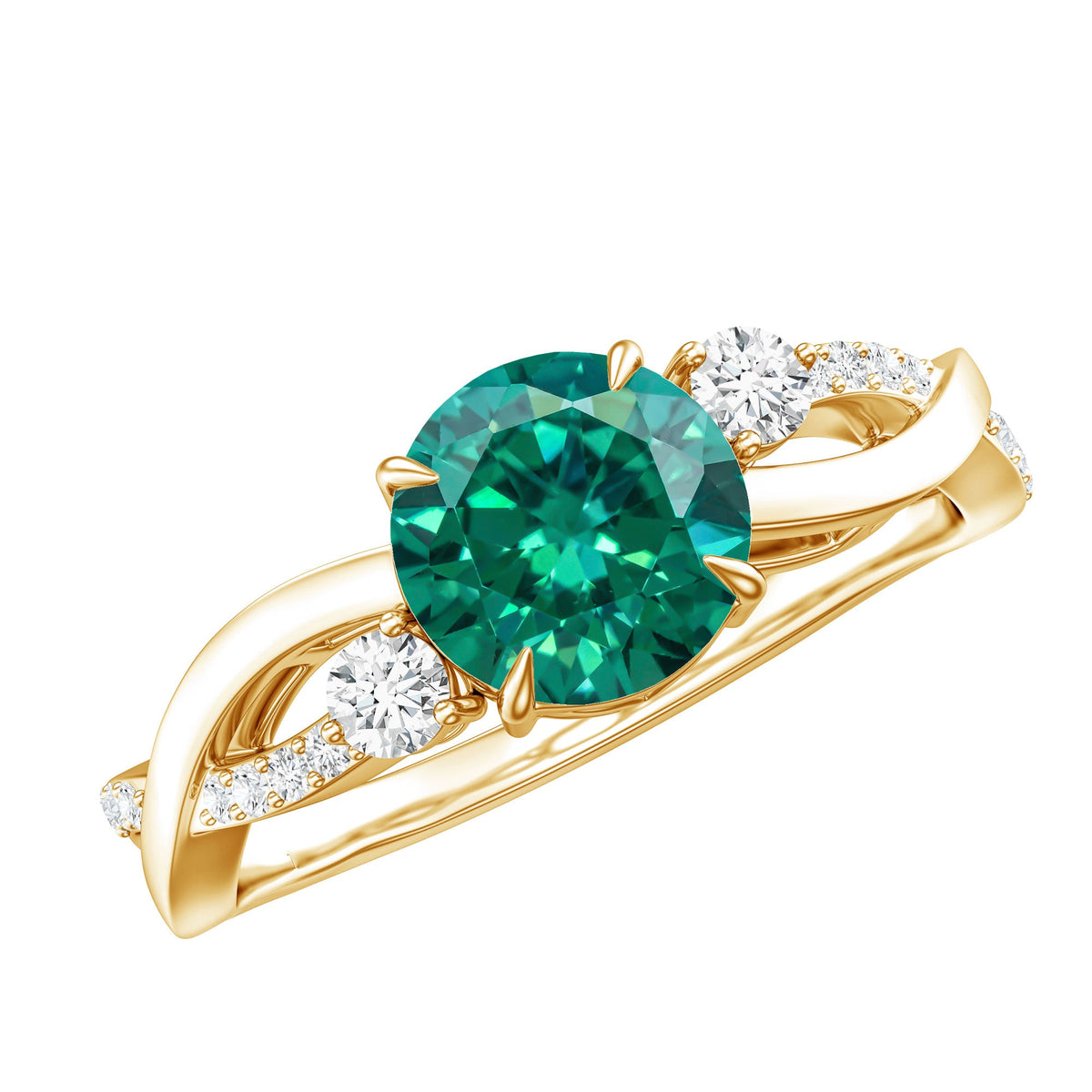 2 Carat Lab Grown Emerald and Diamond Engagement Ring with Crossover Shank