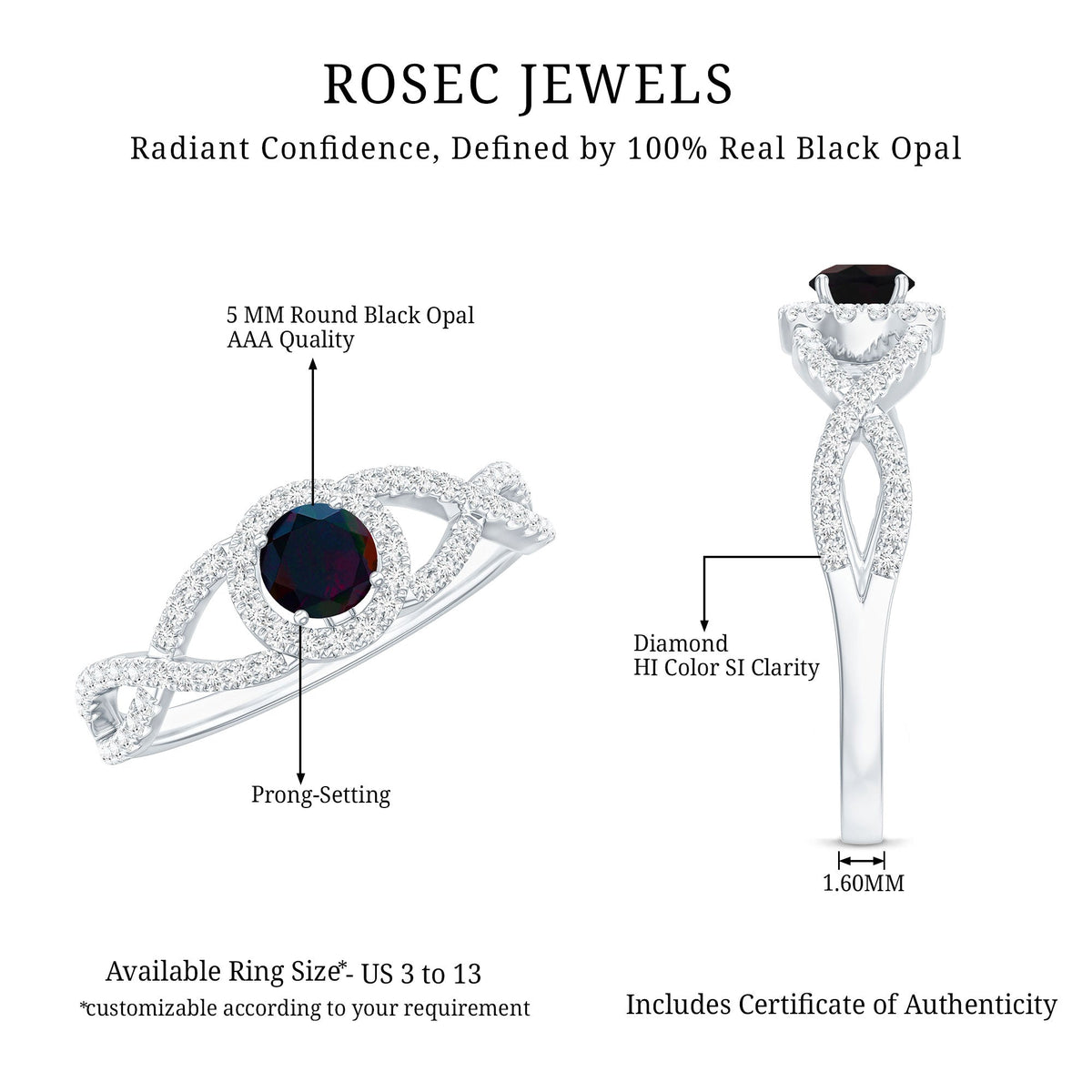 Natural Black Opal and Diamond Halo Engagement Ring