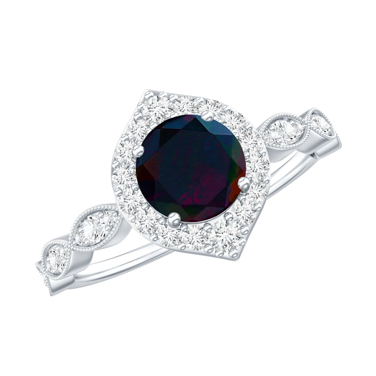 0.8 Carat Black Opal Vintage Engagement Ring with Diamond Accent