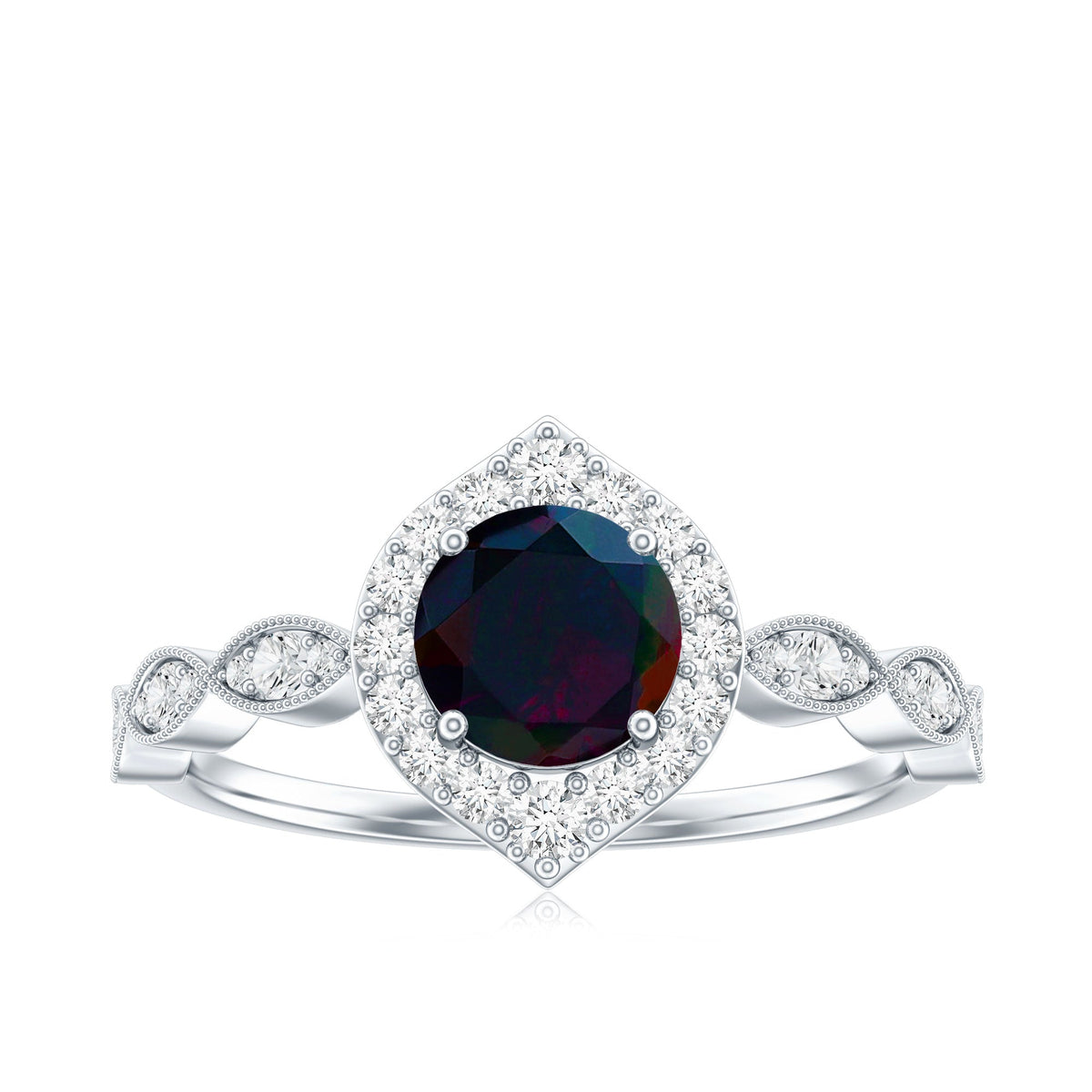 0.8 Carat Black Opal Vintage Engagement Ring with Diamond Accent