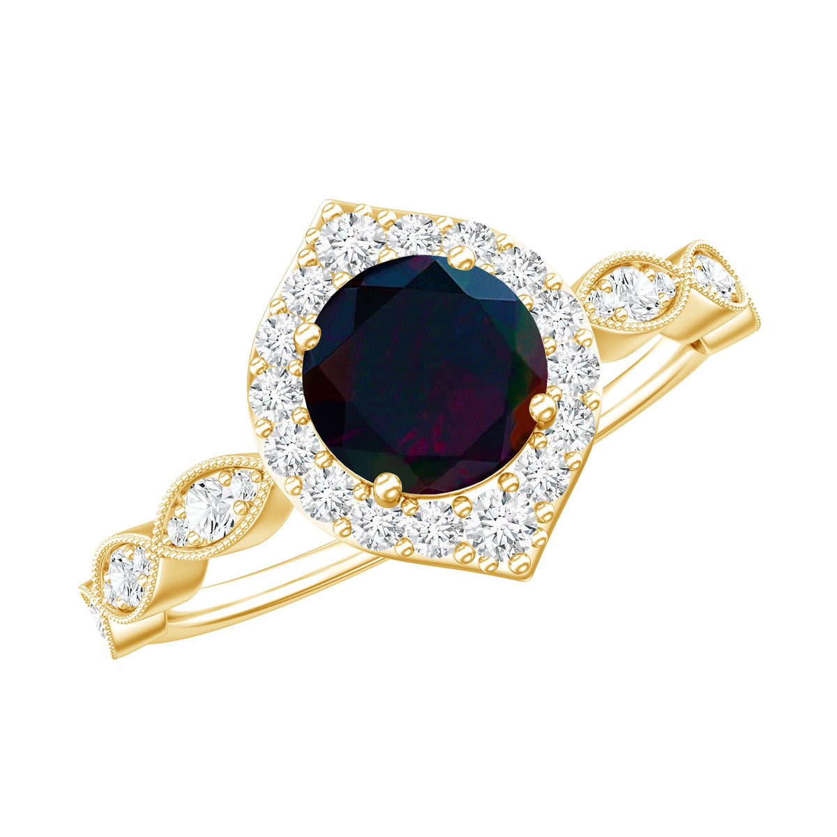 0.8 Carat Black Opal Vintage Engagement Ring with Diamond Accent