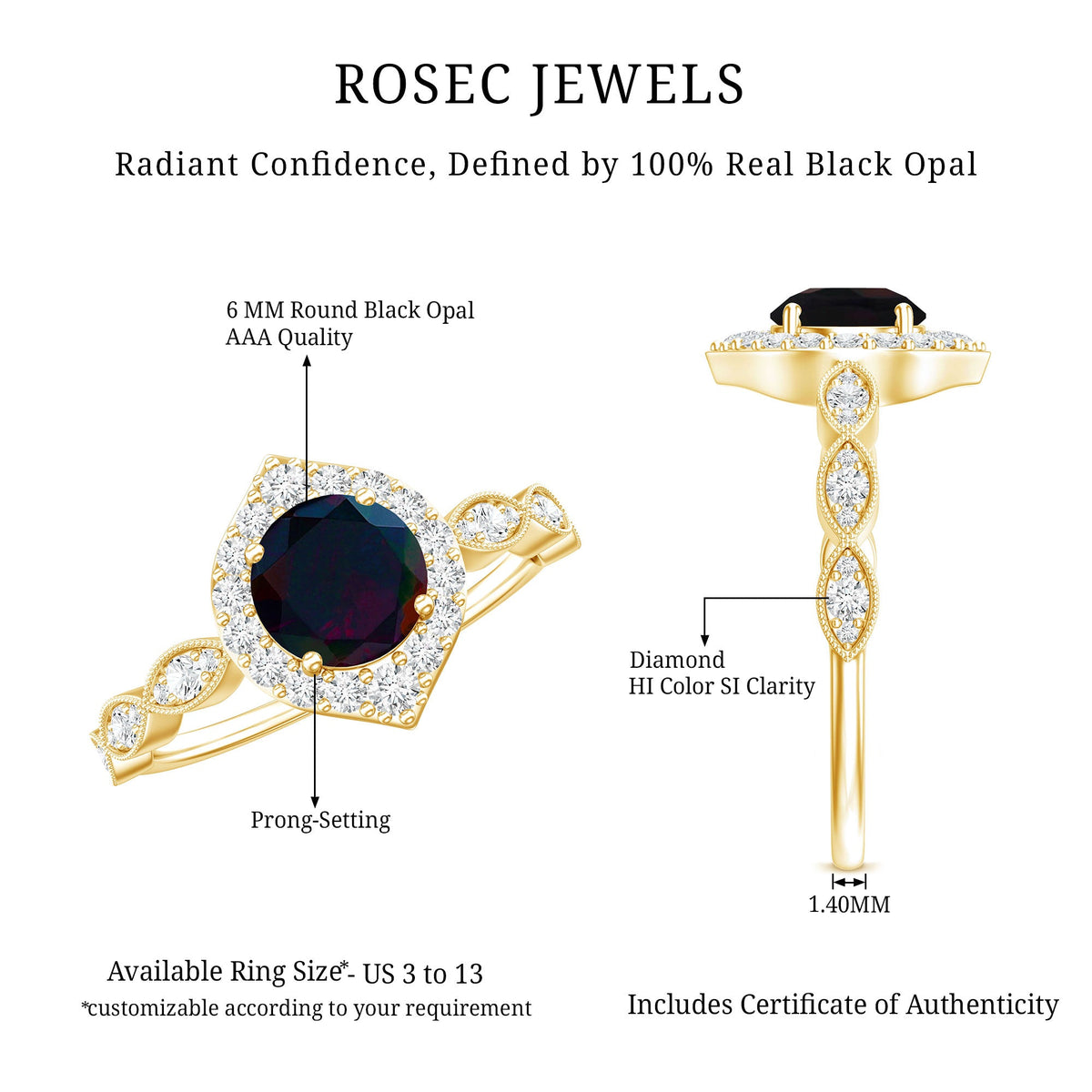 0.8 Carat Black Opal Vintage Engagement Ring with Diamond Accent