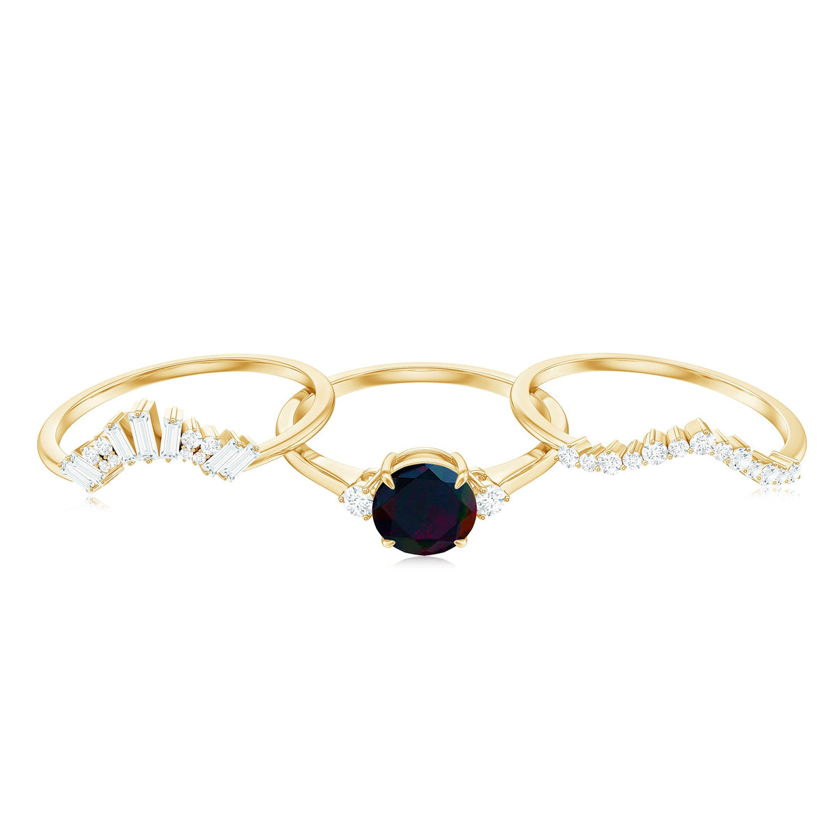 Black Opal Designer Trio Wedding Ring Set with Diamond