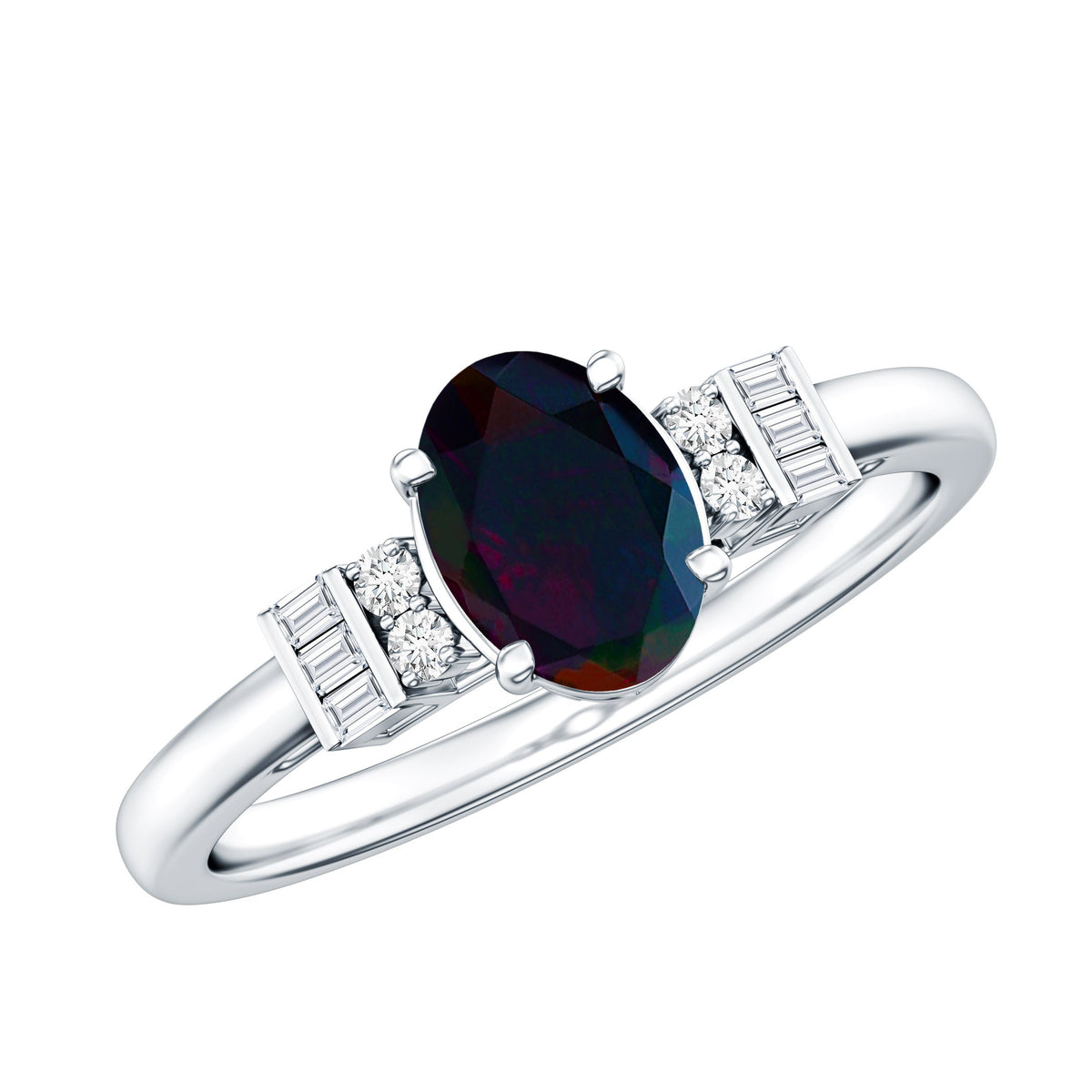 0.9 Carat Oval Cut Black Opal Engagement Ring with Diamond