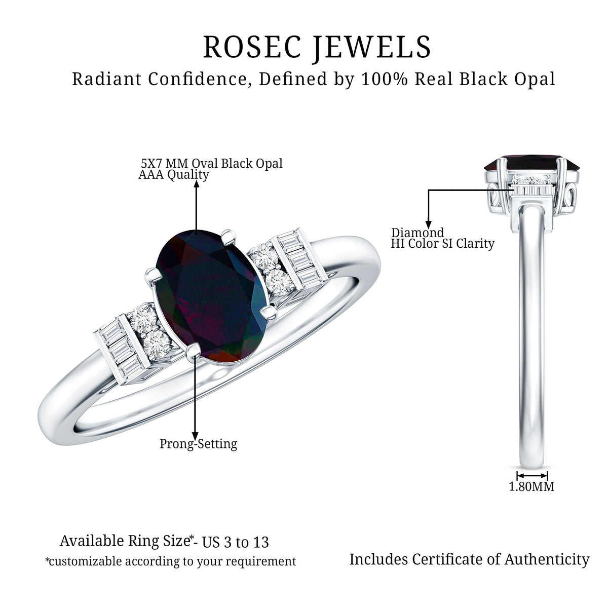 0.9 Carat Oval Cut Black Opal Engagement Ring with Diamond
