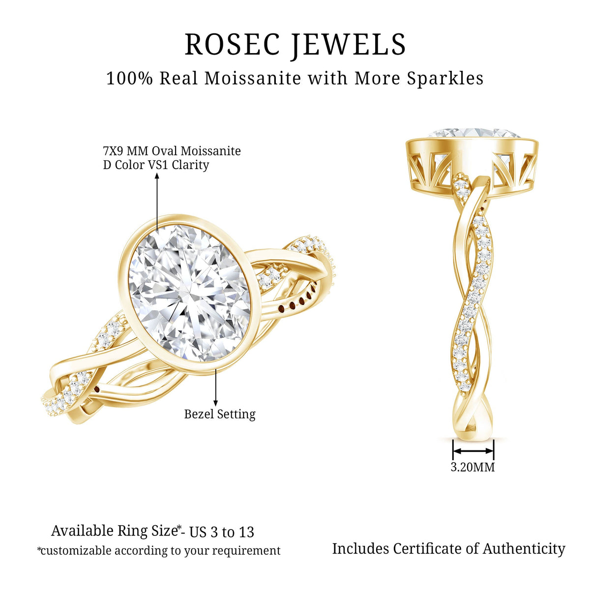 Brilliant Cut Moissanite Bezel Set Engagement Ring in Braided Shank