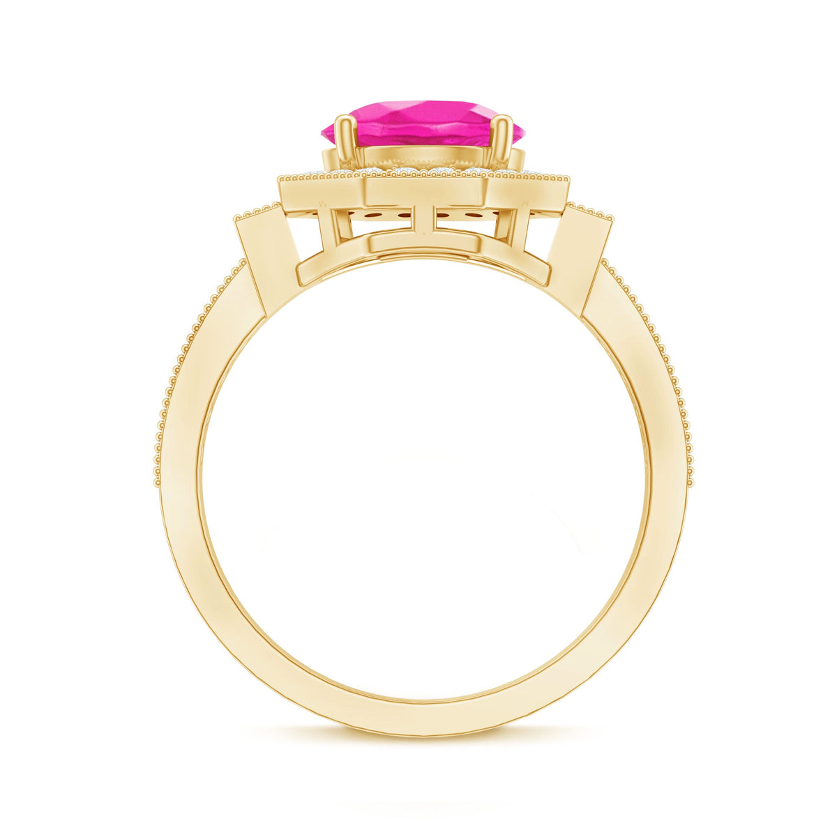 Lab Created Pink Sapphire Vintage Engagement Ring with Diamond Halo