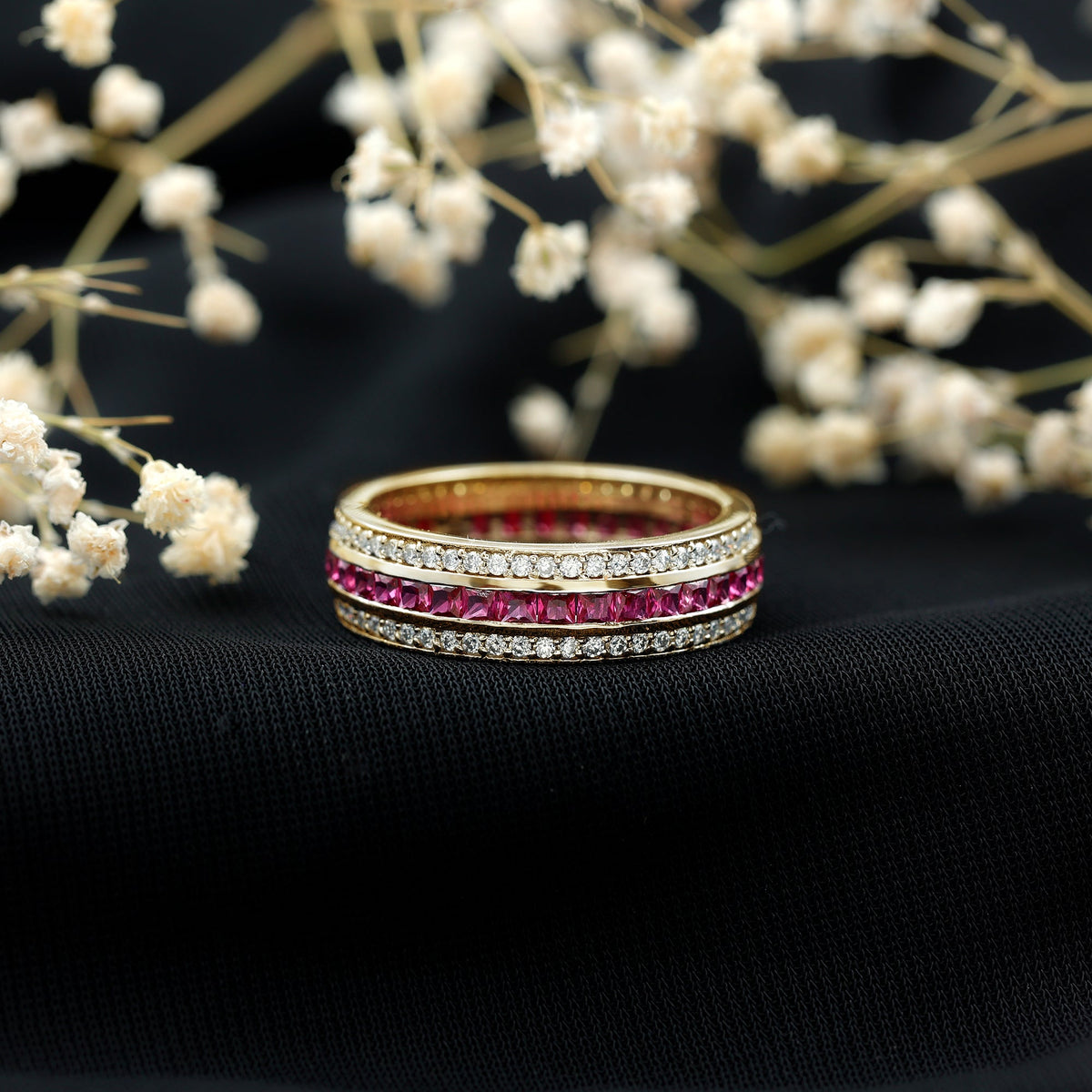 Lab Created Ruby Three Row Wedding Band for Women