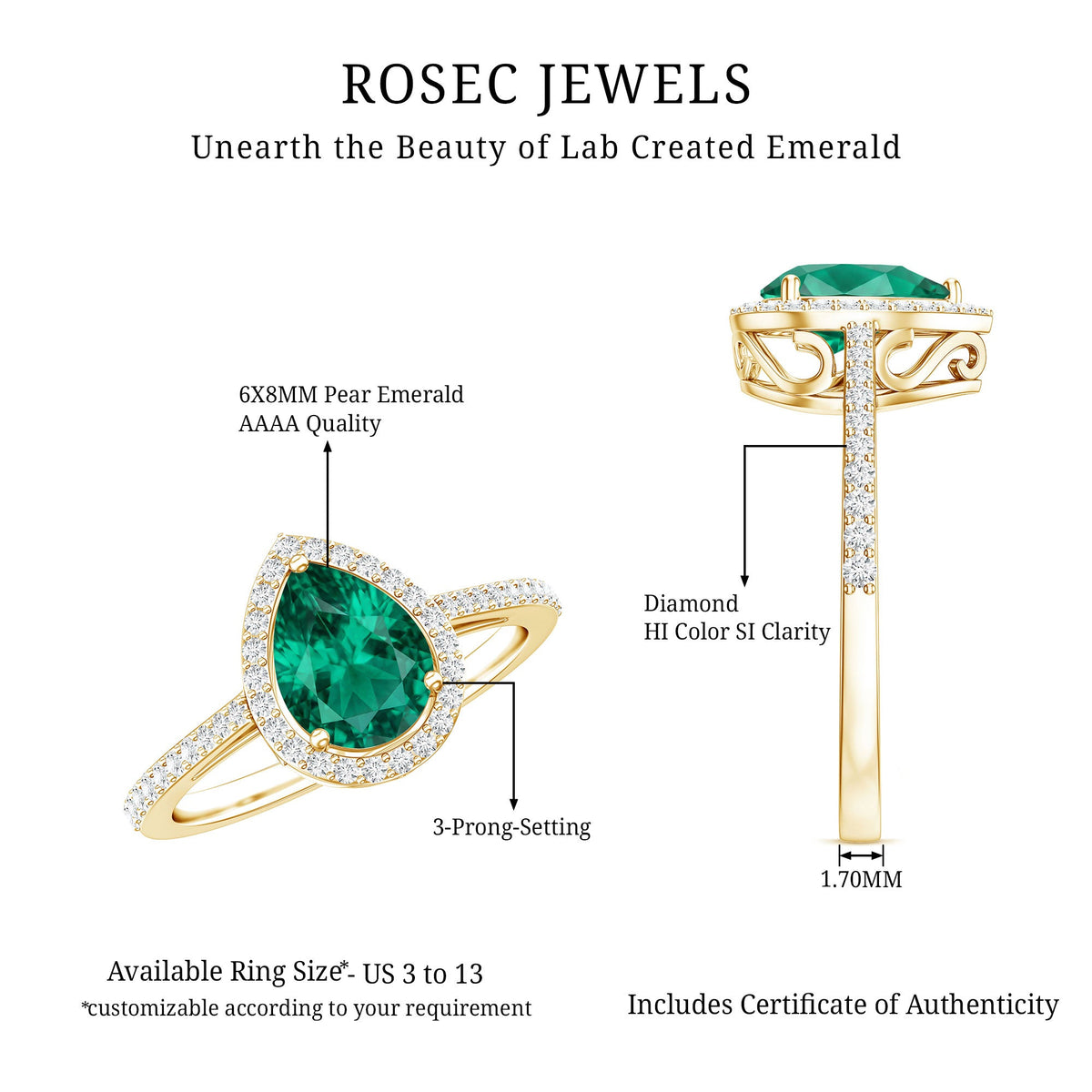 Certified Lab Grown Emerald Teardrop Engagement Ring with Diamond Halo