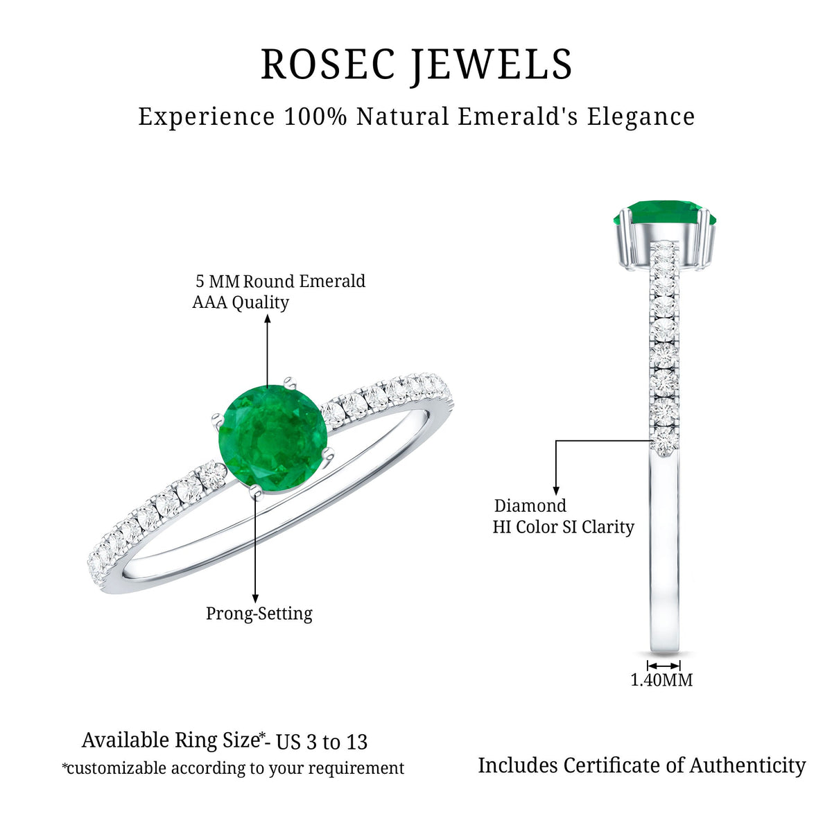 Natural Emerald Promise Ring with Diamond Side Stones