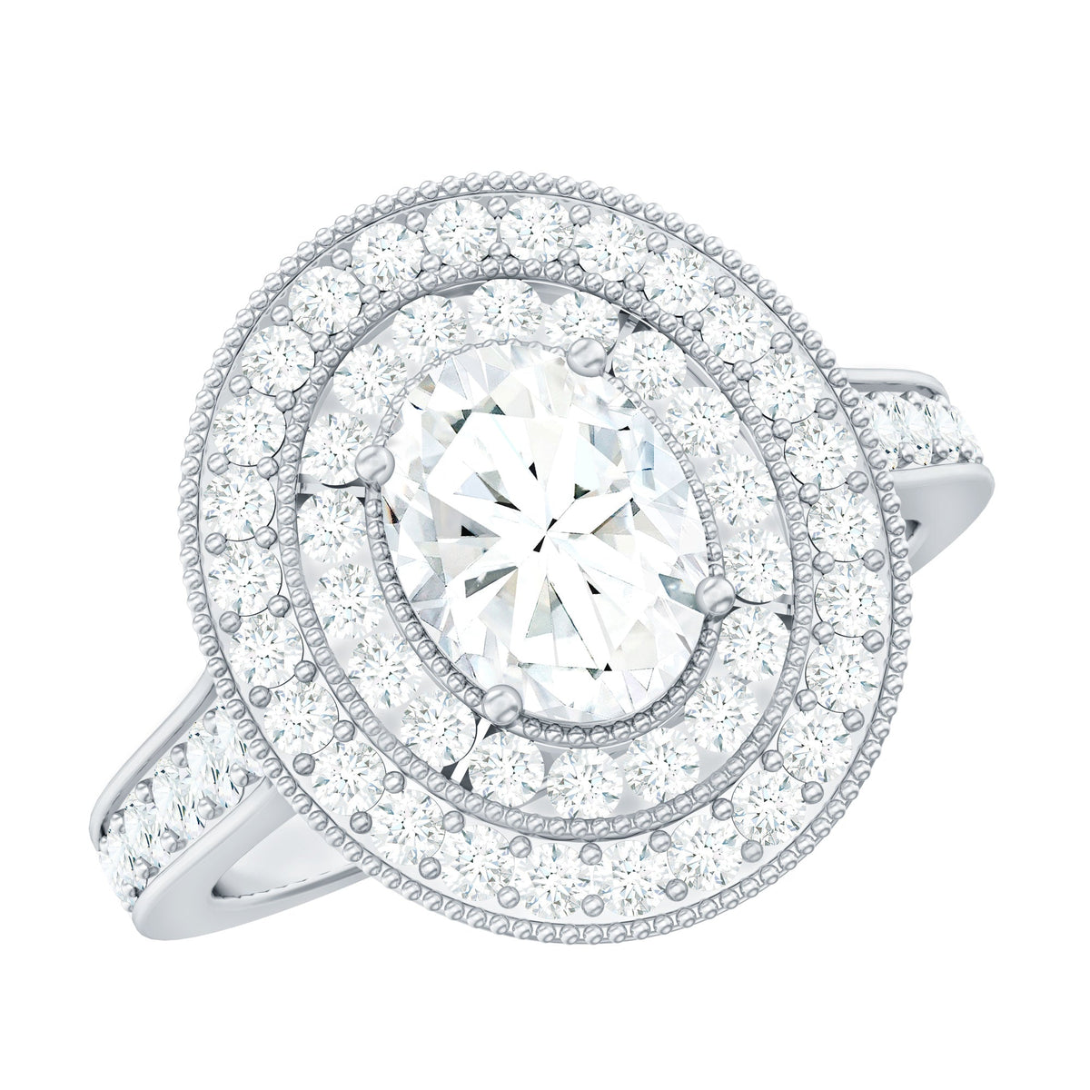 Milgrain Embellished Oval Moissanite Double Halo Engagement Ring