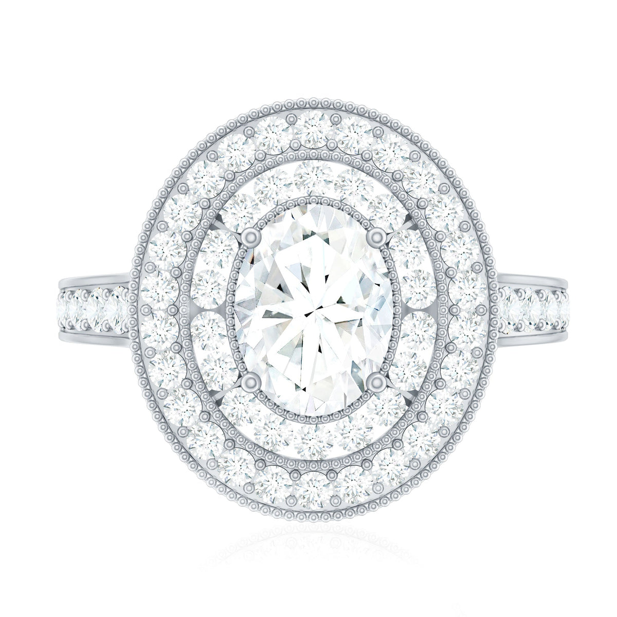 Milgrain Embellished Oval Moissanite Double Halo Engagement Ring