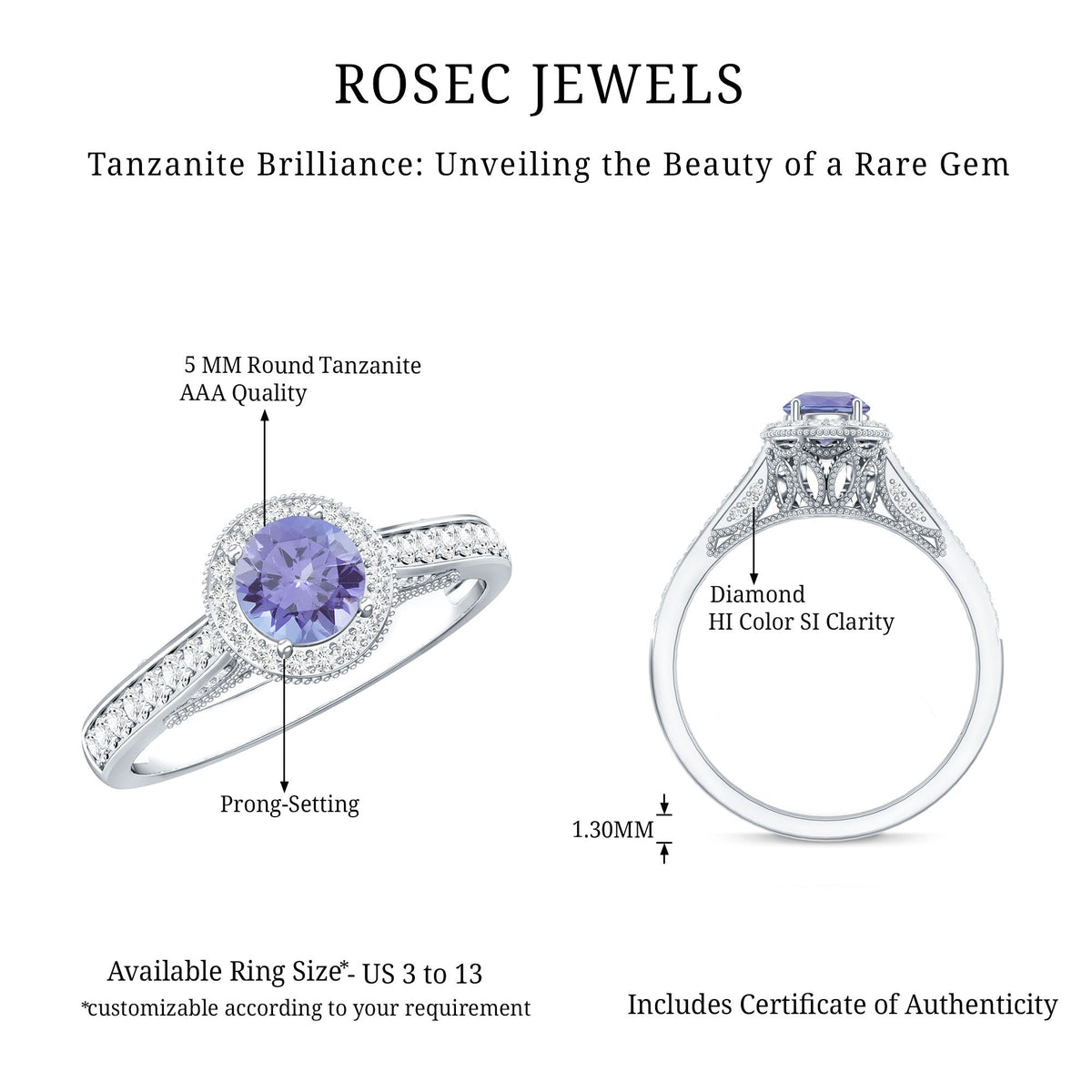 Vintage Style Tanzanite Engagement Ring with Diamond Halo