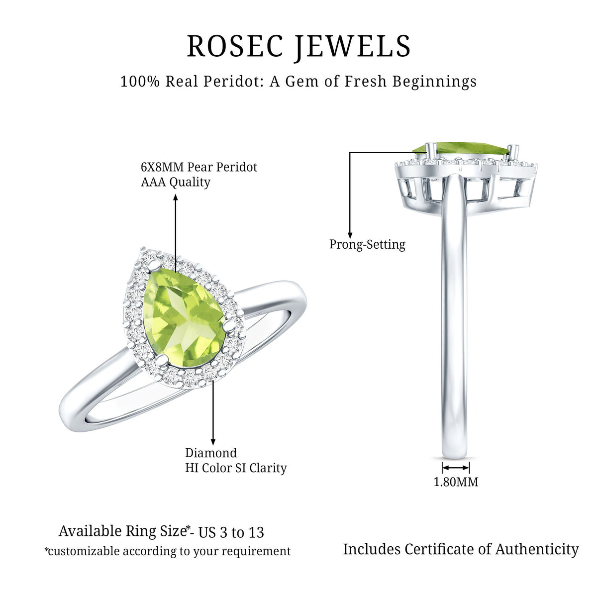 Real 1 Carat Peridot Teardrop Engagement Ring with Diamond Halo