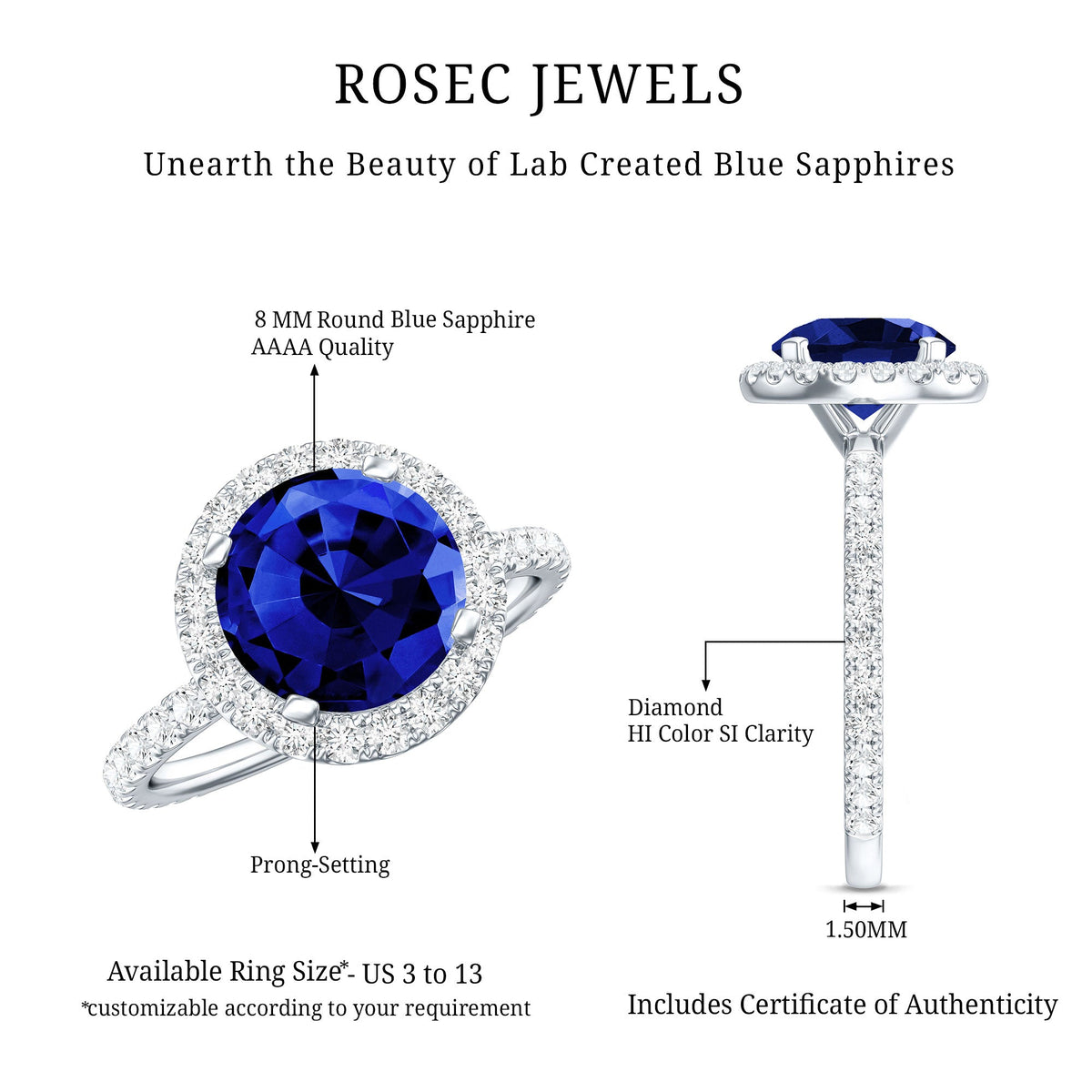 2.7 Carat Round Lab Created Blue Sapphire Classic Engagement Ring with Diamond Halo