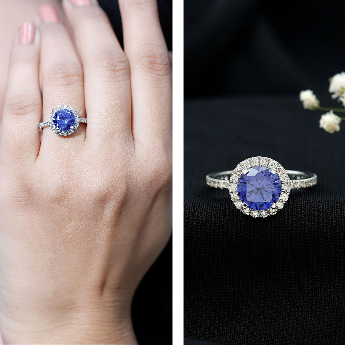 2.7 Carat Round Lab Created Blue Sapphire Classic Engagement Ring with Diamond Halo