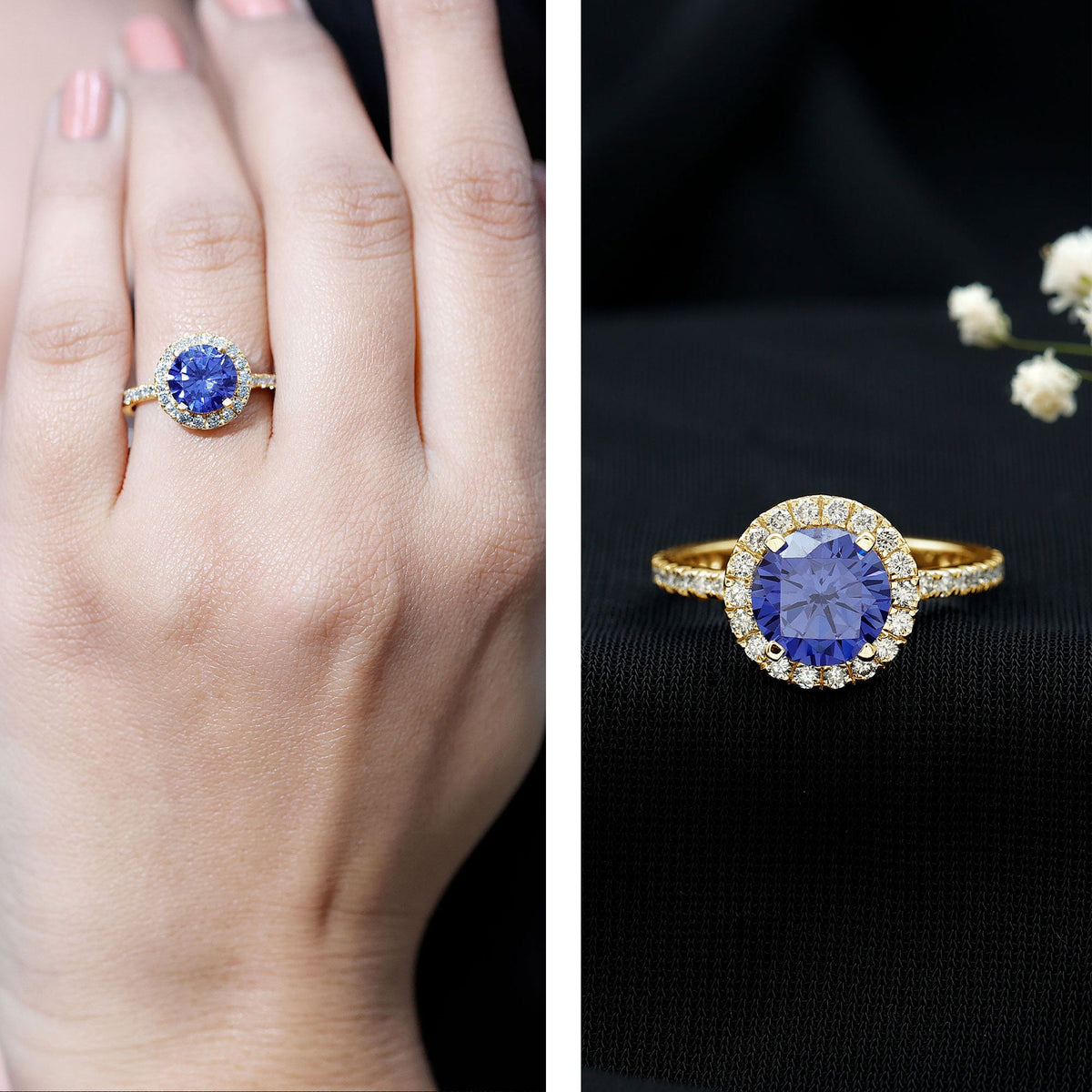 2.7 Carat Round Lab Created Blue Sapphire Classic Engagement Ring with Diamond Halo