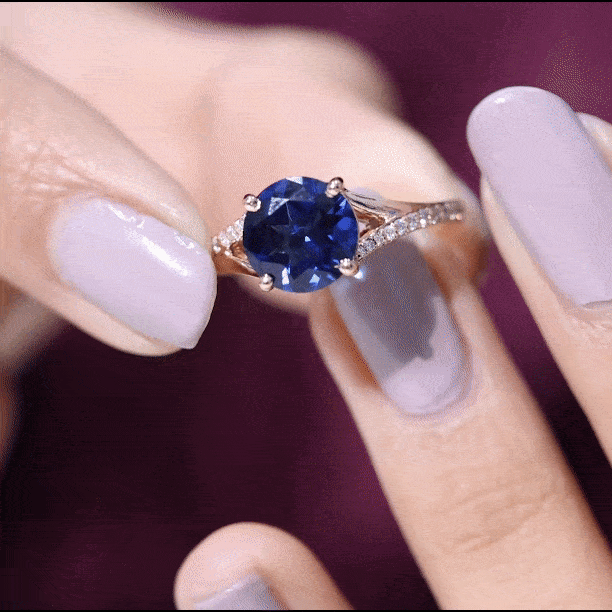Round Lab Grown Blue Sapphire Engagement Ring with Diamond Split Shank