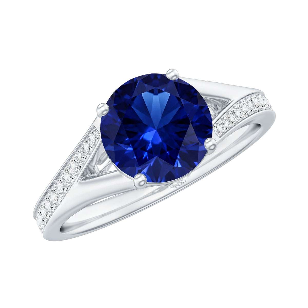 Round Lab Grown Blue Sapphire Engagement Ring with Diamond Split Shank