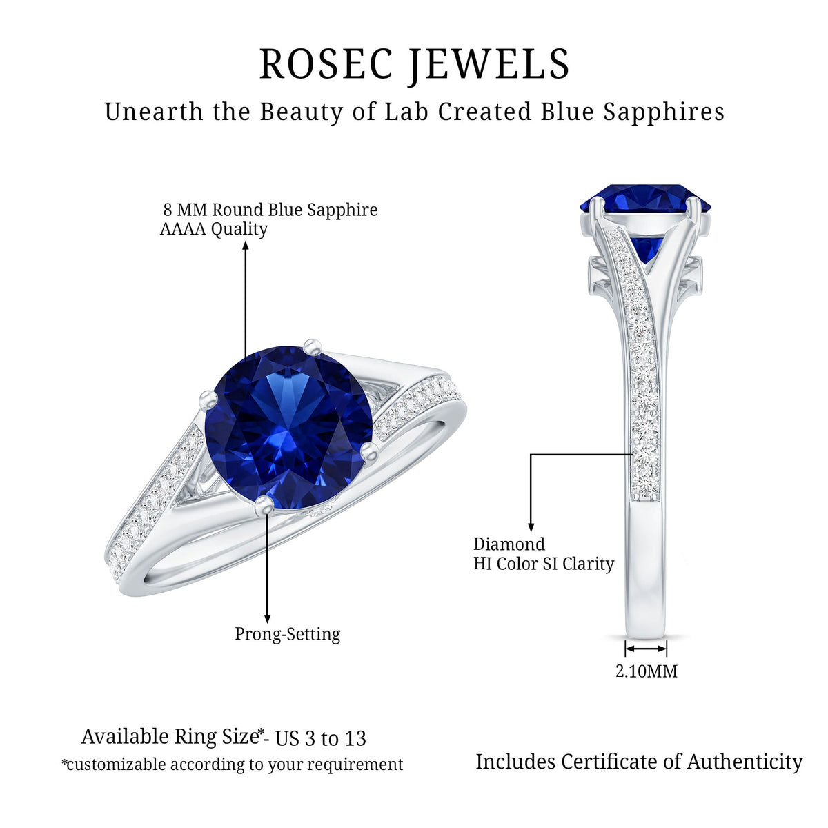 Round Lab Grown Blue Sapphire Engagement Ring with Diamond Split Shank