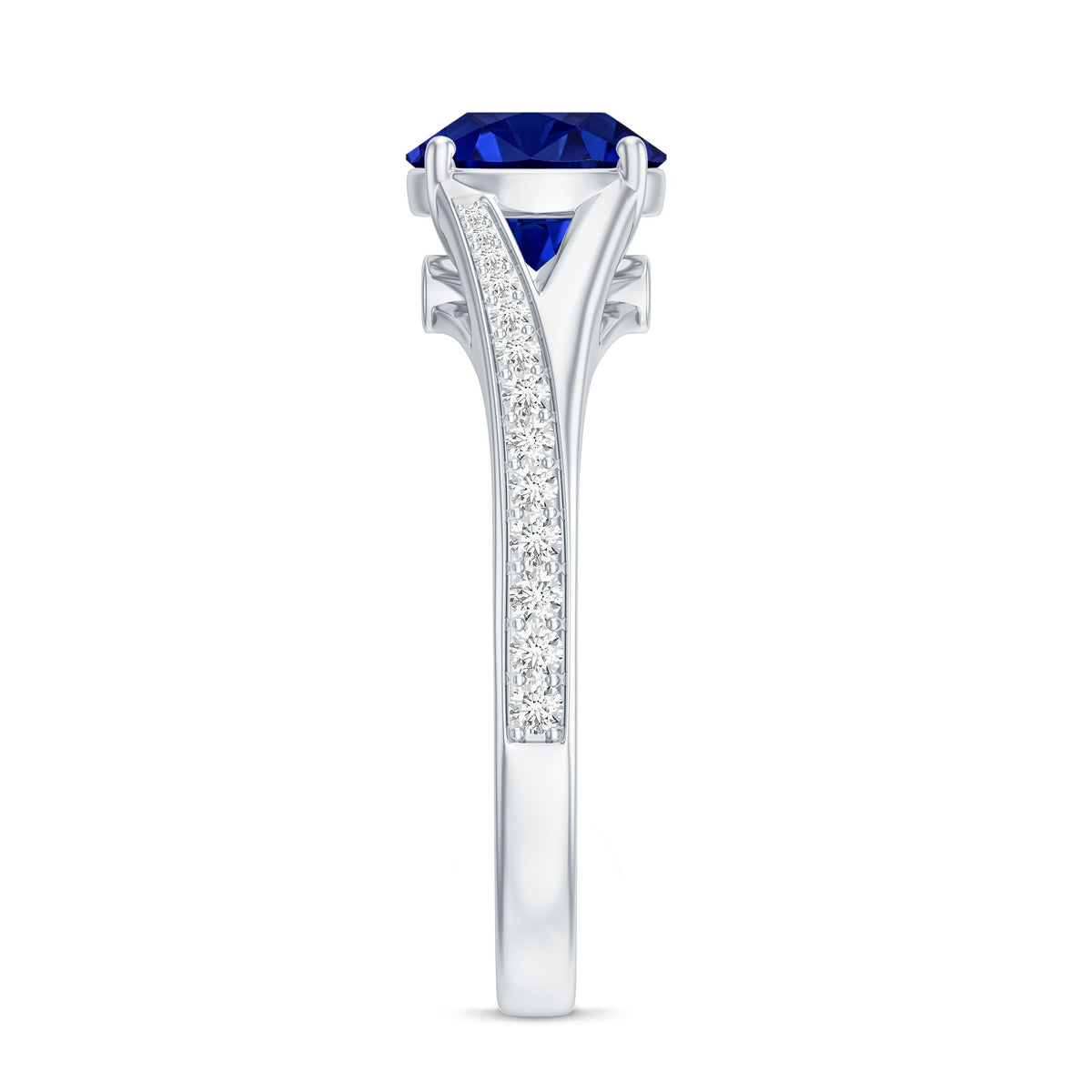 Round Lab Grown Blue Sapphire Engagement Ring with Diamond Split Shank