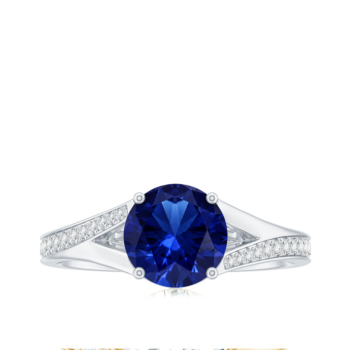 Round Lab Grown Blue Sapphire Engagement Ring with Diamond Split Shank