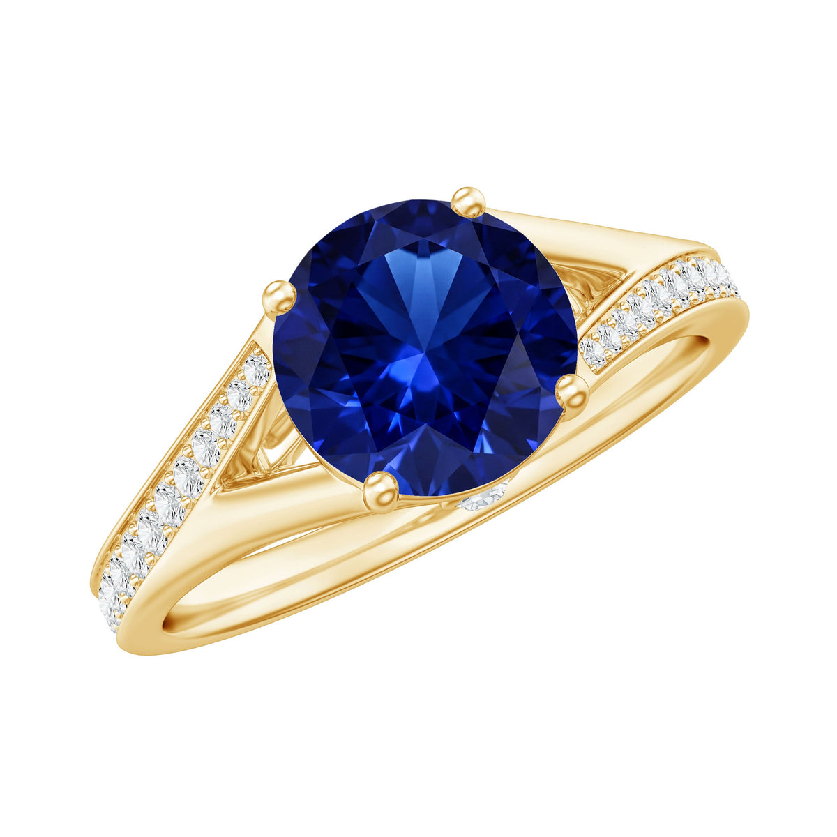 Round Lab Grown Blue Sapphire Engagement Ring with Diamond Split Shank