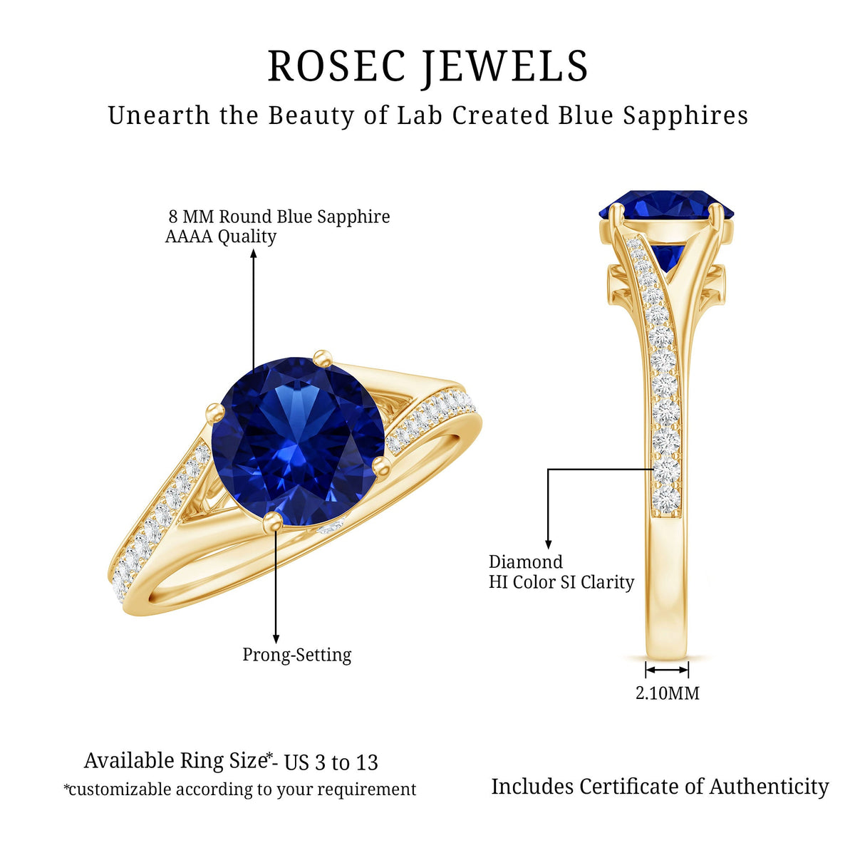 Round Lab Grown Blue Sapphire Engagement Ring with Diamond Split Shank