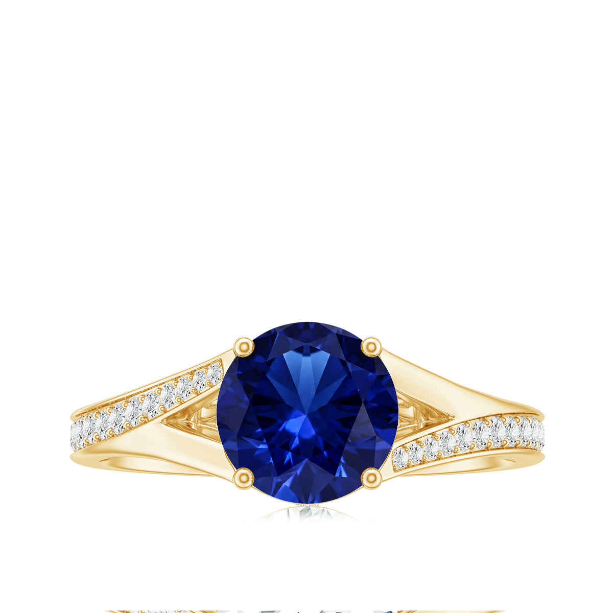 Round Lab Grown Blue Sapphire Engagement Ring with Diamond Split Shank