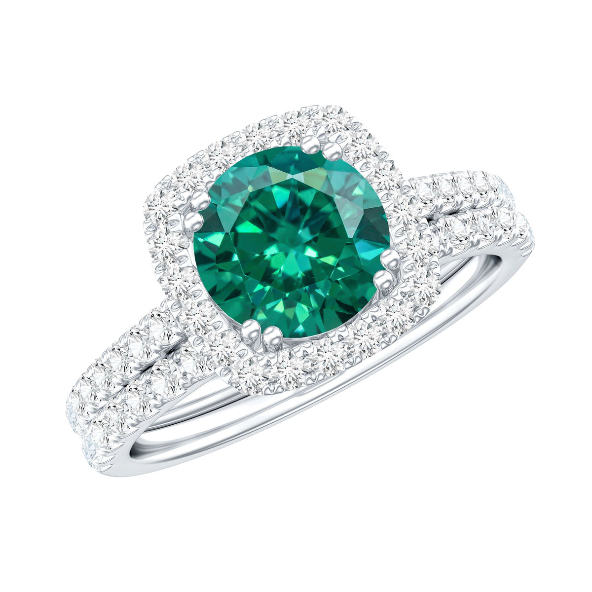 Certified Lab Grown Emerald Halo Engagement Ring with Moissanite Wedding Band