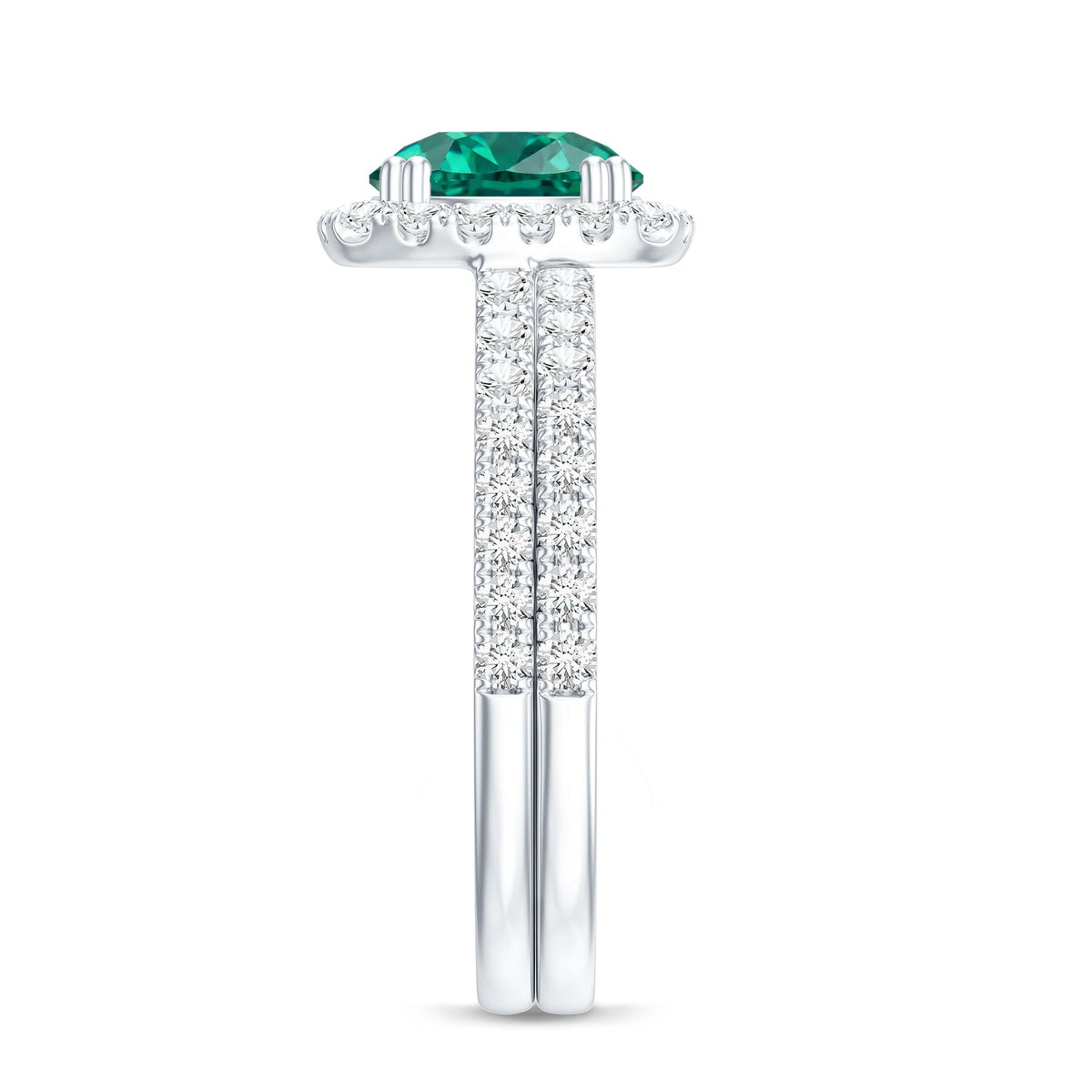 Certified Lab Grown Emerald Halo Engagement Ring with Moissanite Wedding Band