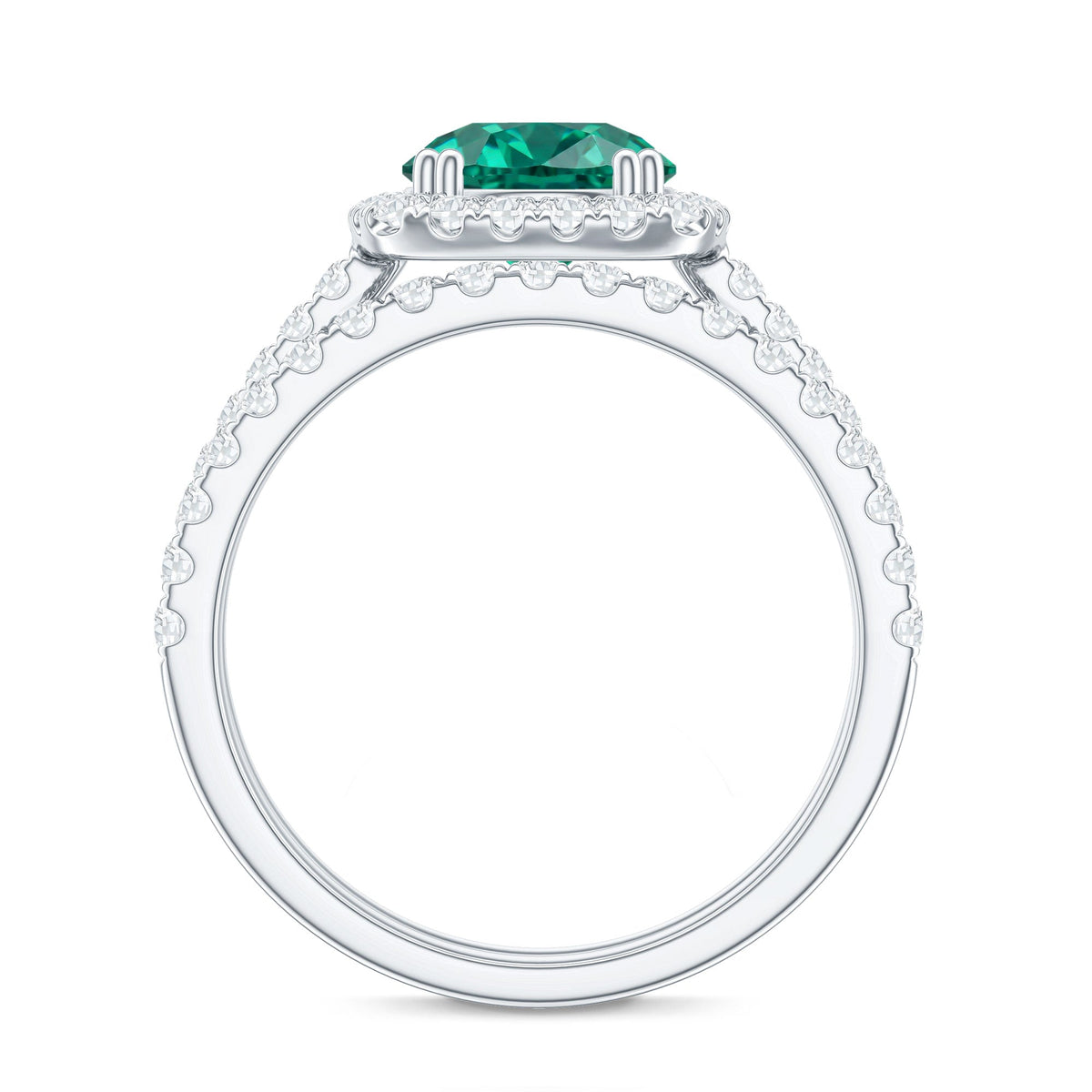 Certified Lab Grown Emerald Halo Engagement Ring with Moissanite Wedding Band