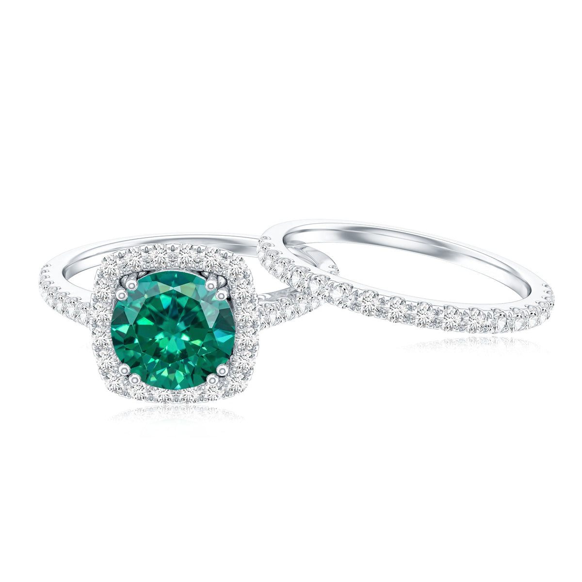 Certified Lab Grown Emerald Halo Engagement Ring with Moissanite Wedding Band