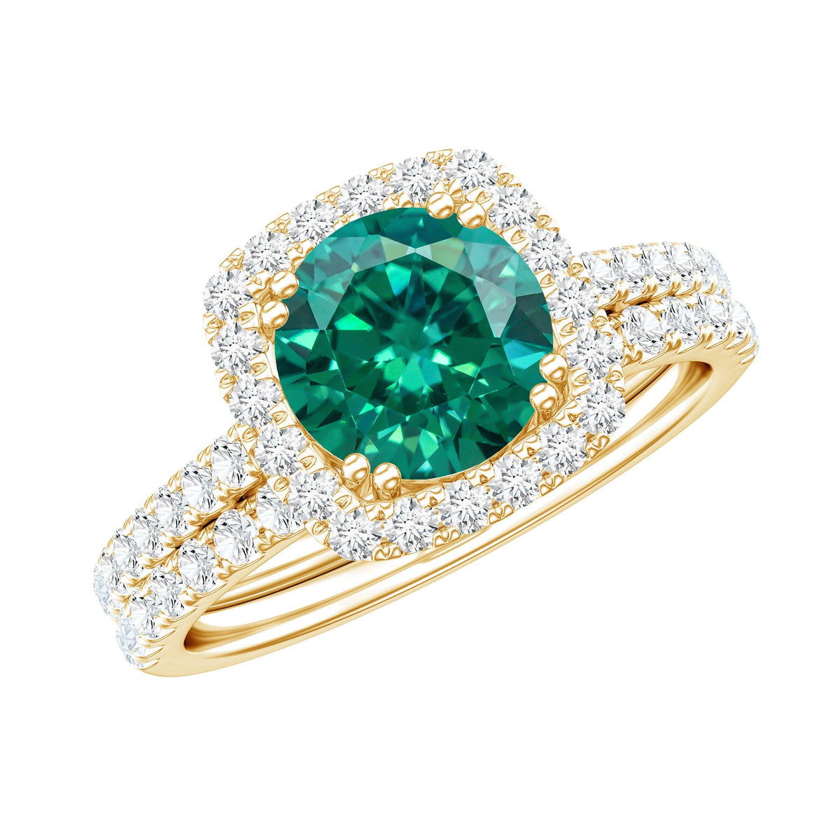 Certified Lab Grown Emerald Halo Engagement Ring with Moissanite Wedding Band