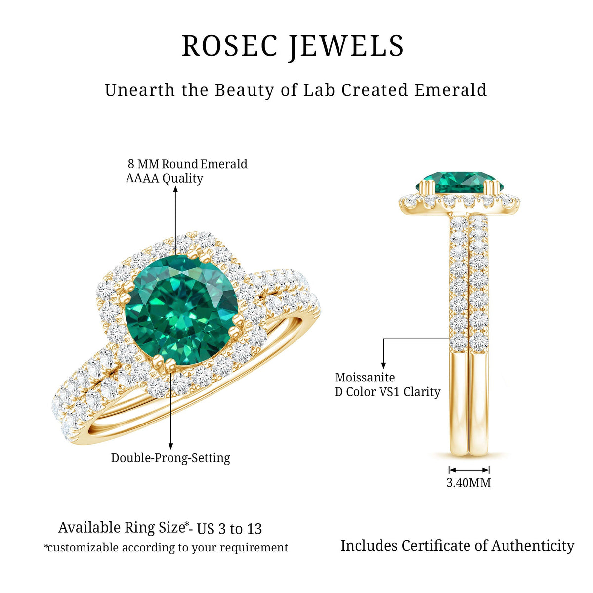 Certified Lab Grown Emerald Halo Engagement Ring with Moissanite Wedding Band