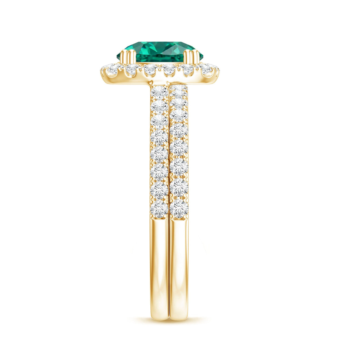 Certified Lab Grown Emerald Halo Engagement Ring with Moissanite Wedding Band