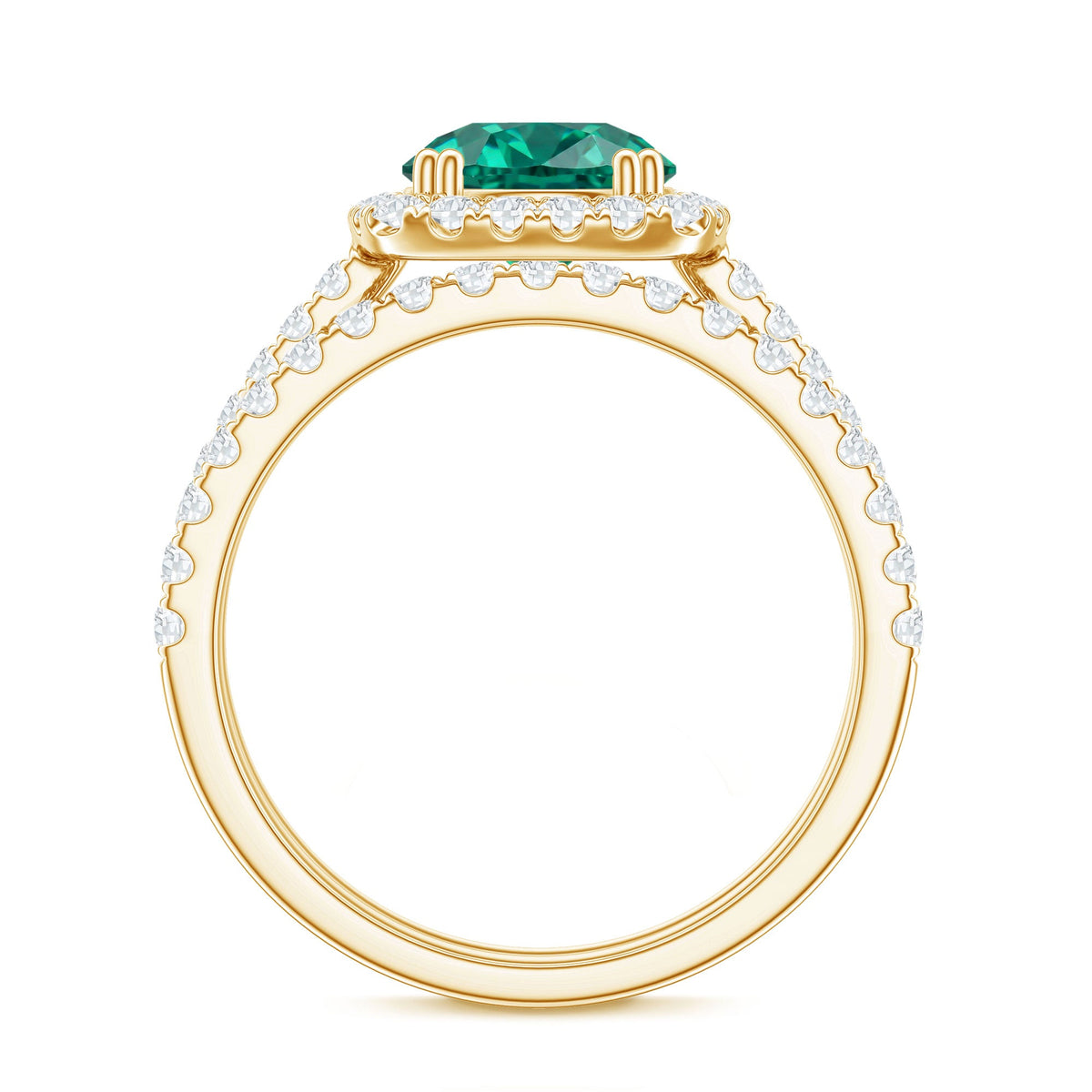 Certified Lab Grown Emerald Halo Engagement Ring with Moissanite Wedding Band