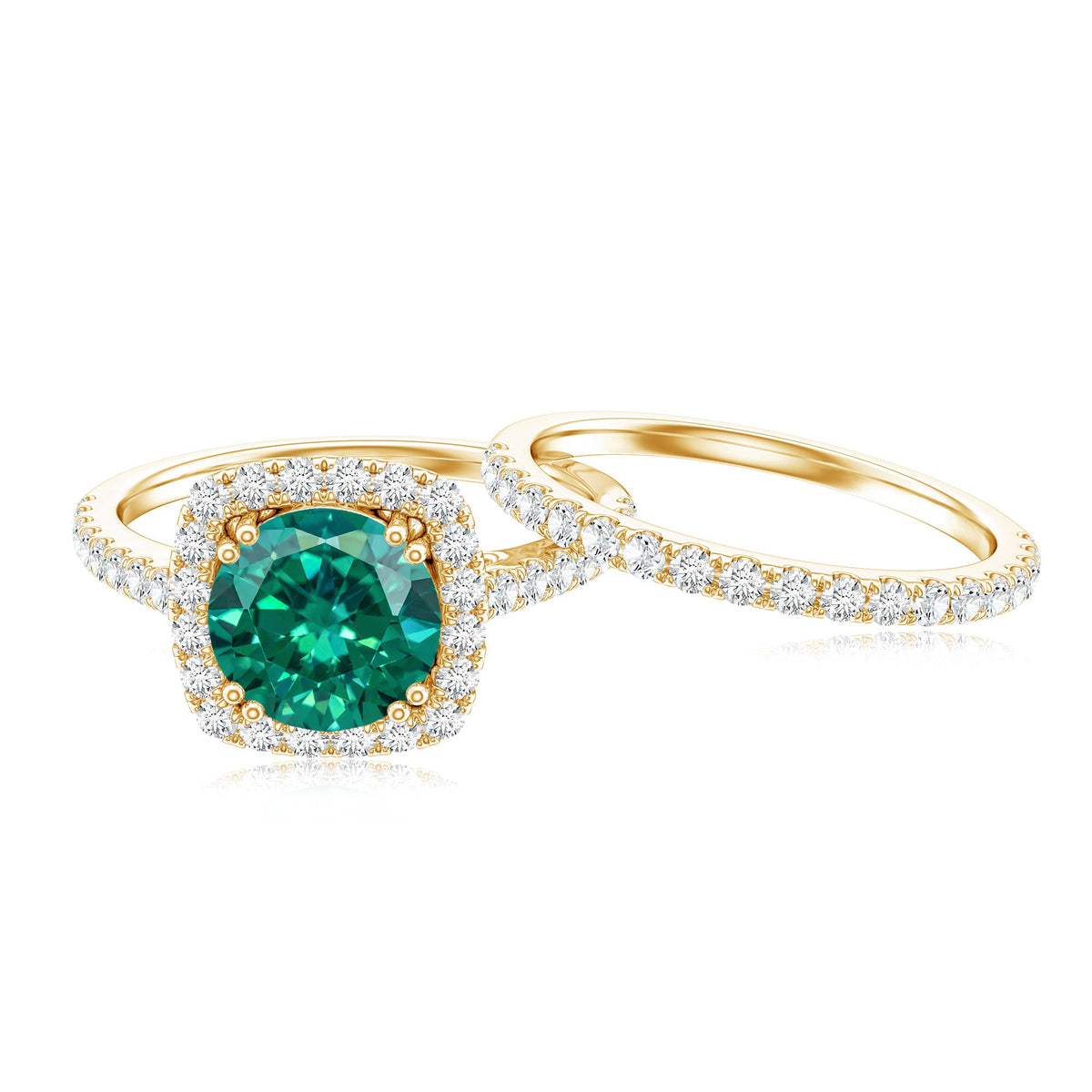 Certified Lab Grown Emerald Halo Engagement Ring with Moissanite Wedding Band