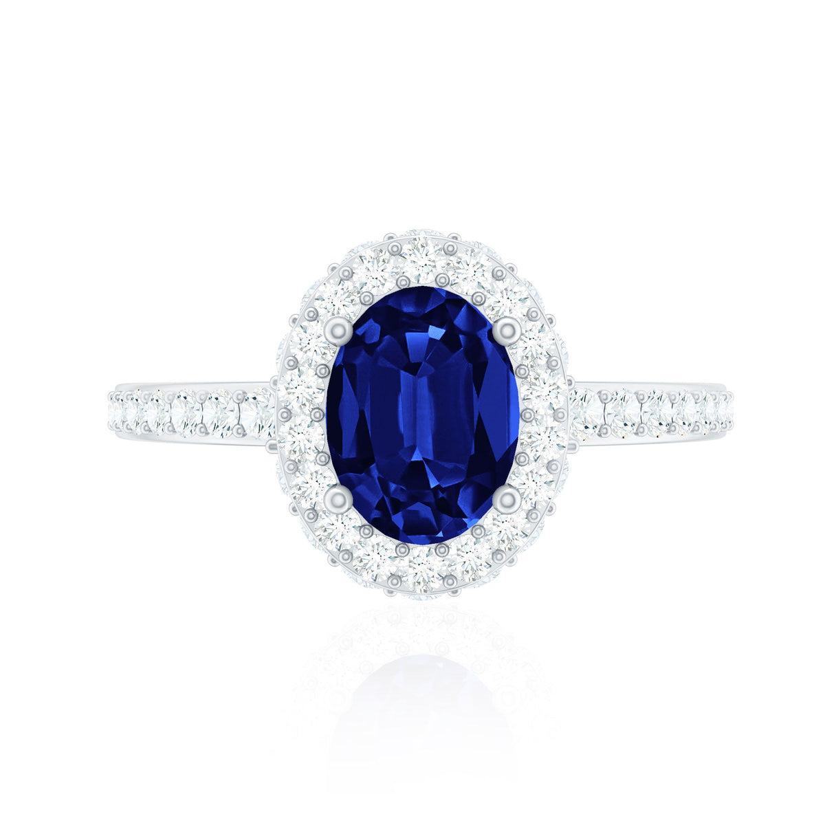 Certified 1.5 Carat Lab Grown Blue Sapphire Oval Engagement Ring with Diamond Halo