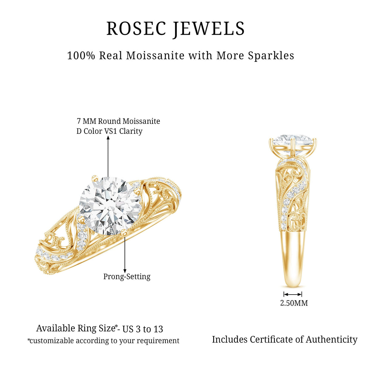 Round Cut Moissanite Vintage Engagement Ring With Diagonal Prongs