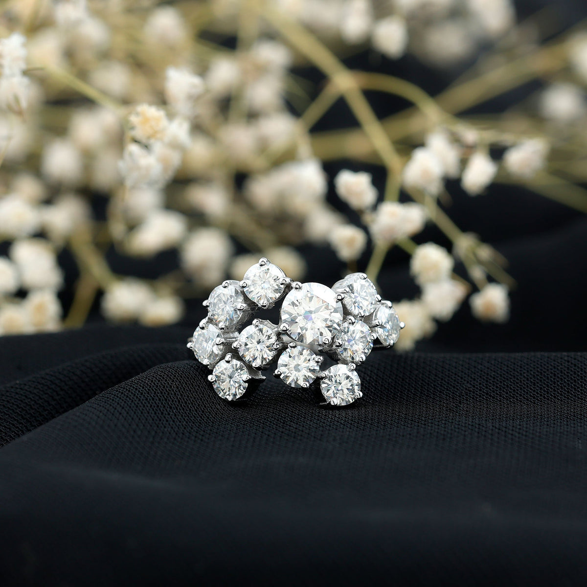 Certified Round Moissanite Cluster Engagement Ring for Women