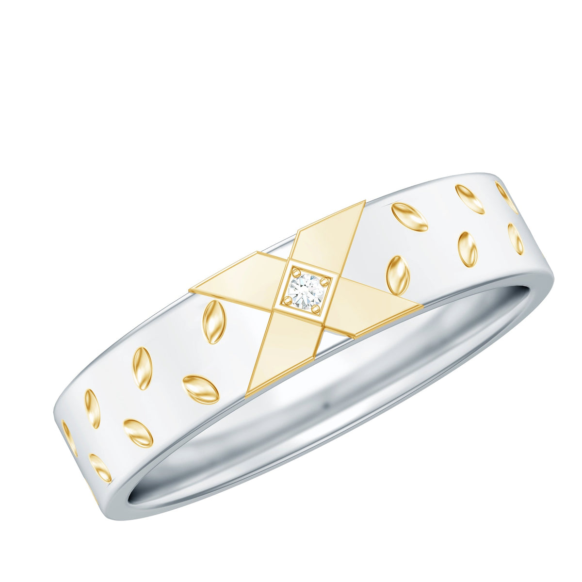 Two Tone Cross Wedding Band with Moissanite