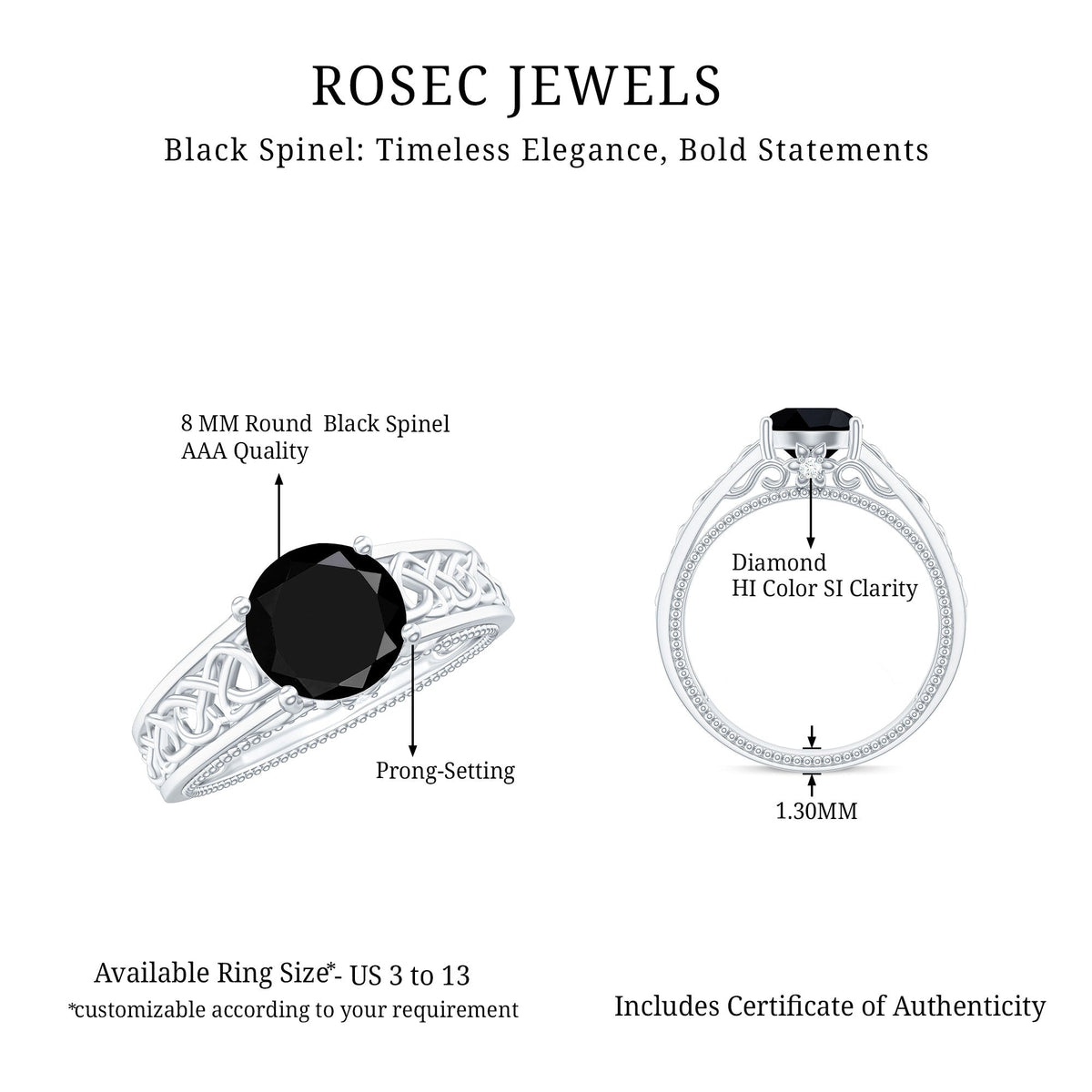 Vintage Style Black Spinel Diamond Engagement Ring with Celtic Knot