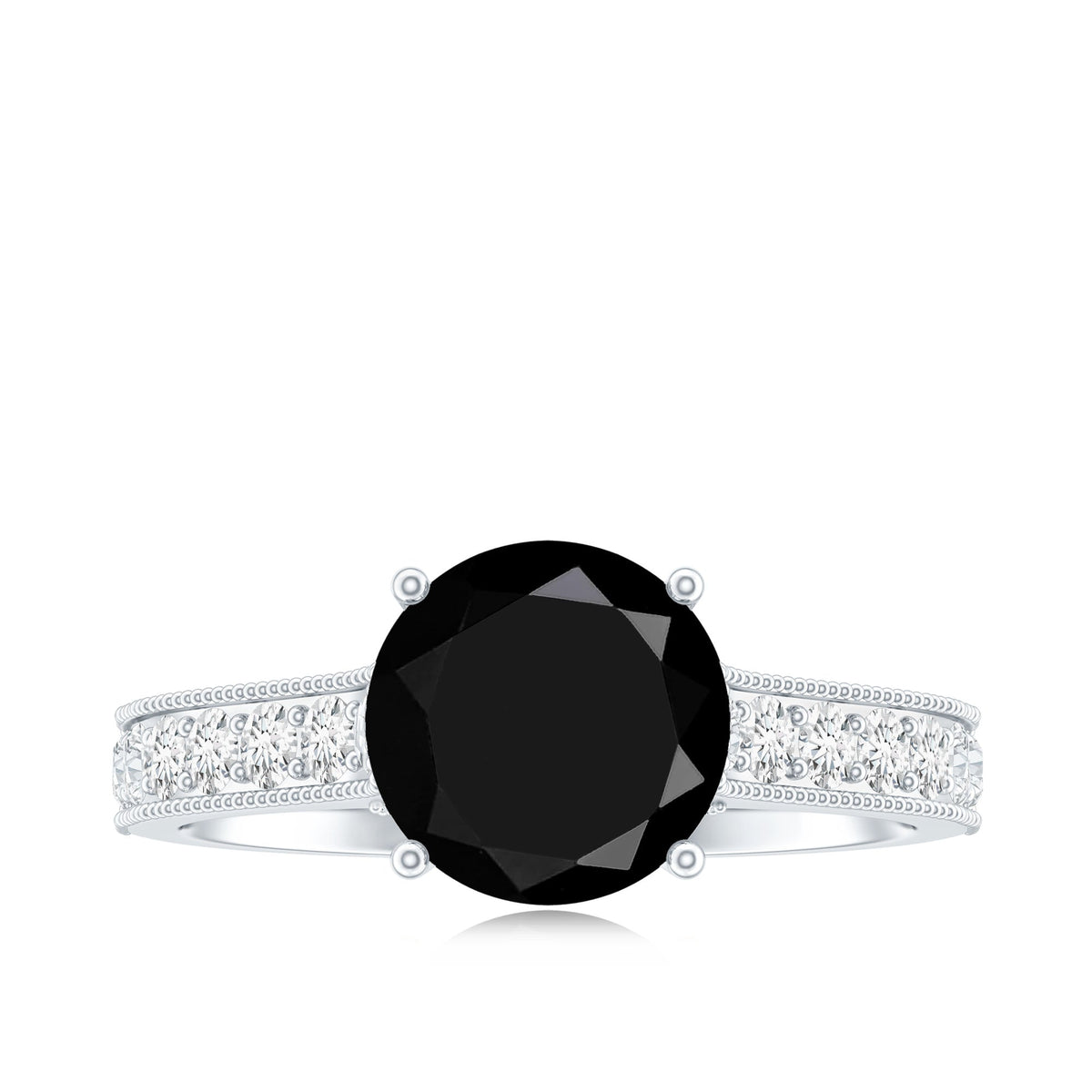 Natural Black Spinel Solitaire Engagement Ring with Diamond Side Stones