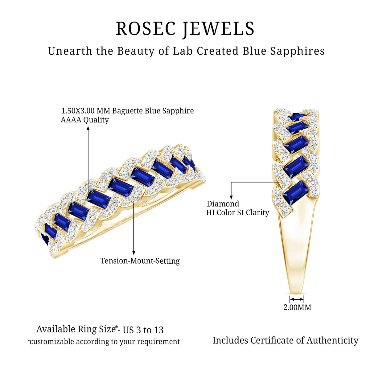 Certified Baguette Lab Grown Blue Sapphire Half Eternity Band with Diamond
