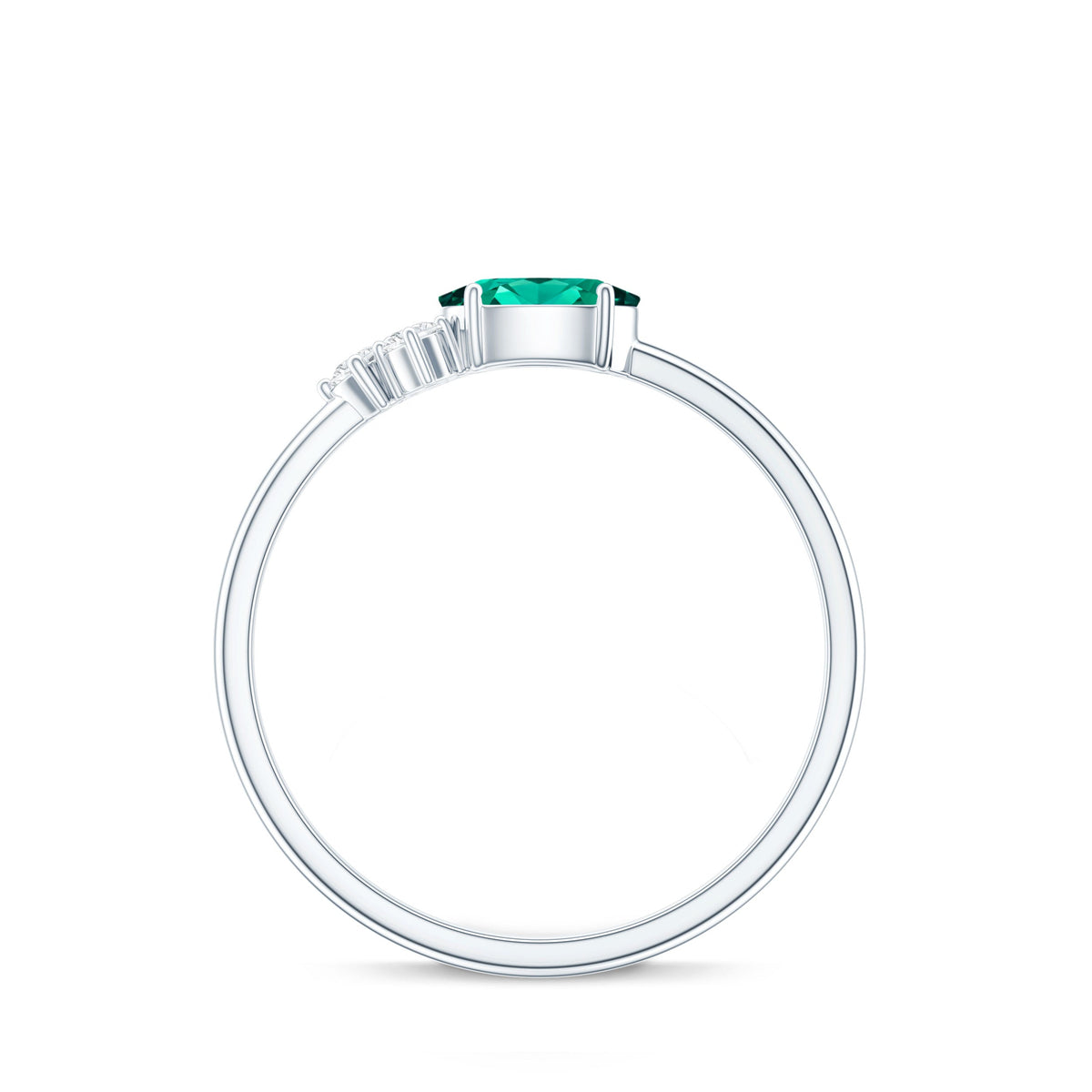 East West Style Oval Lab Grown Emerald Promise Ring with Diamond Trio