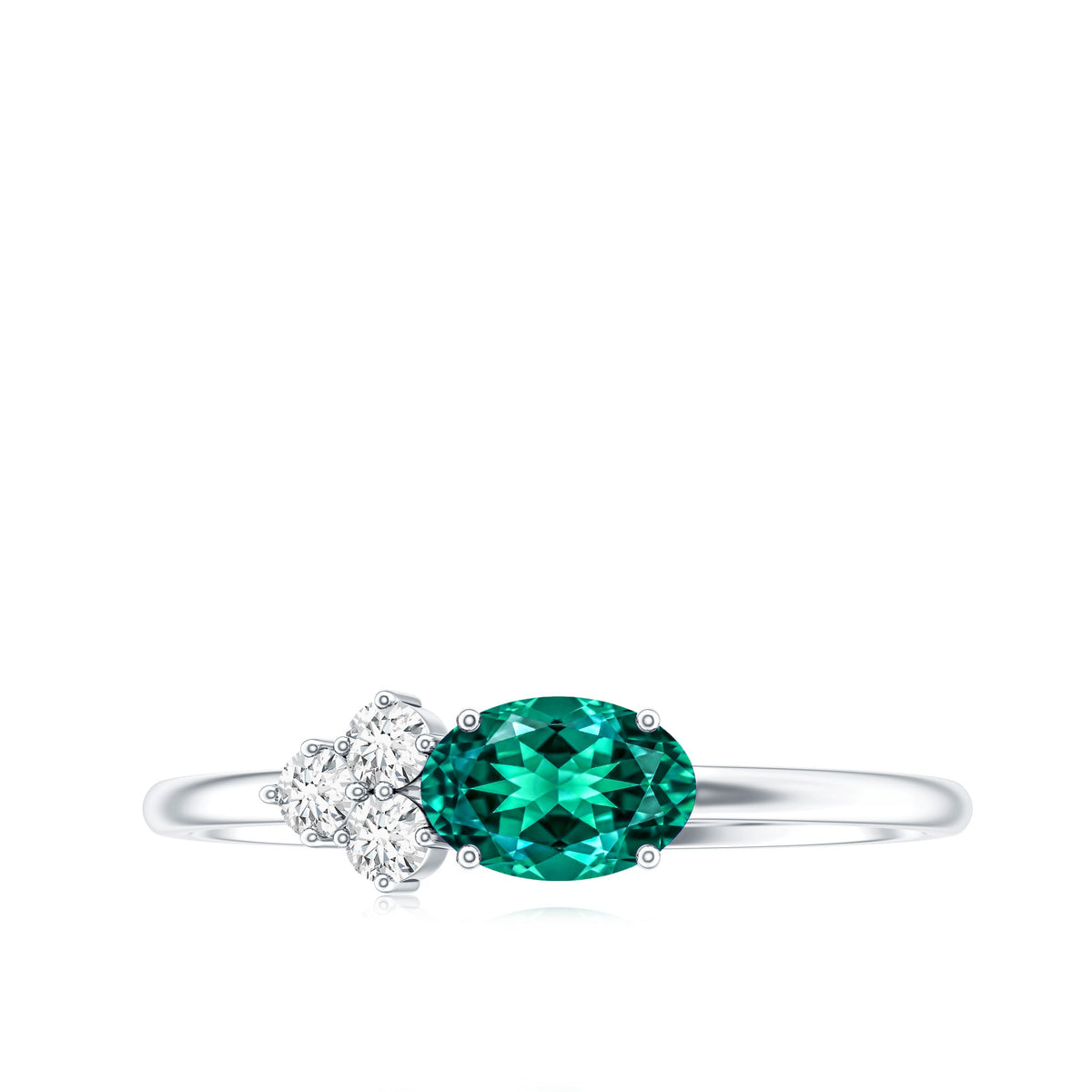 East West Style Oval Lab Grown Emerald Promise Ring with Diamond Trio